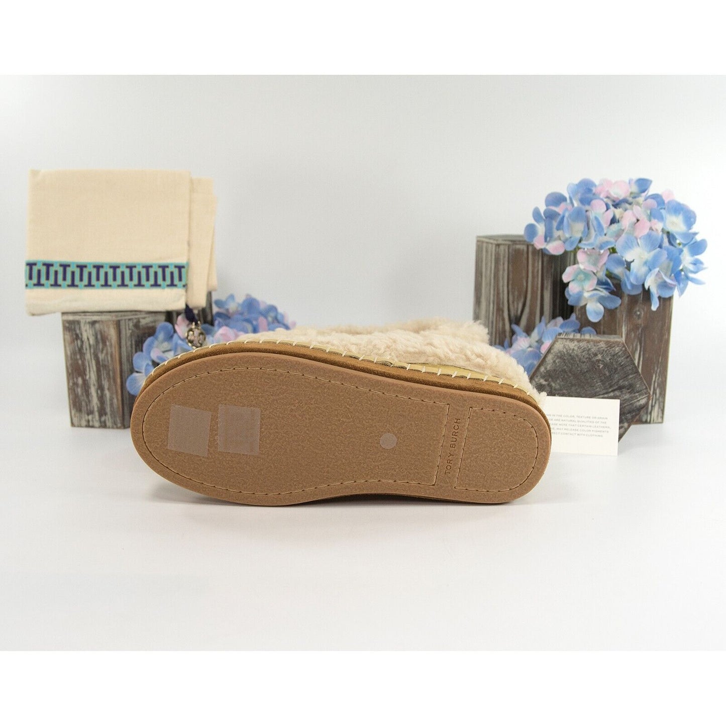 Tory Burch Cornbread Deer Leather Shearling Oversized Slipper Sz 7 NIB