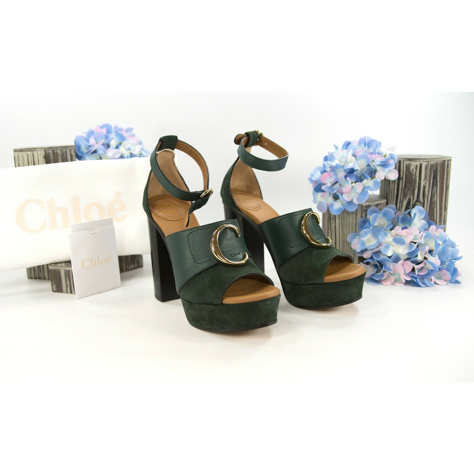 Chloe British Green Suede Leather C Logo Platform Sandal Heels 36