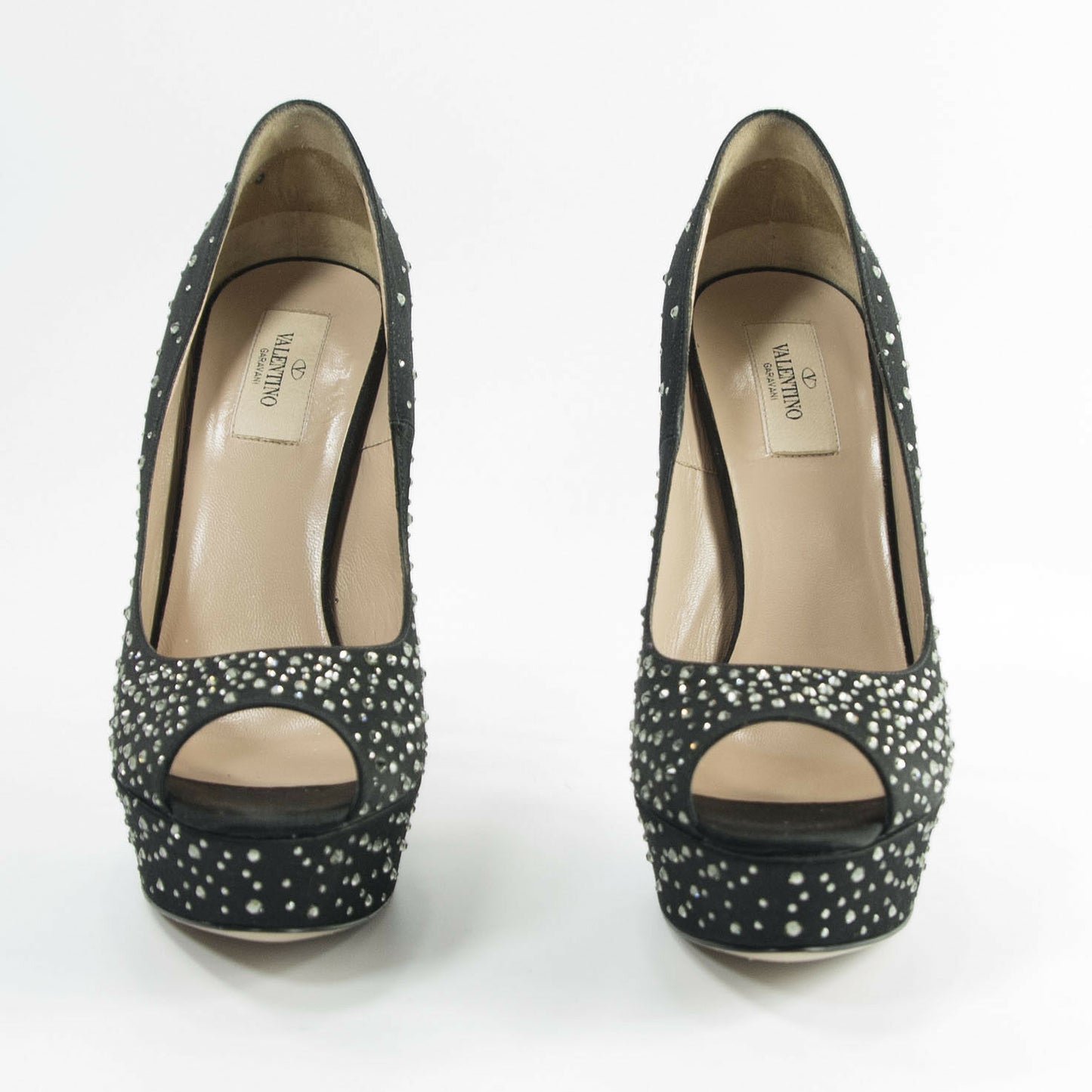 Valentino Black Satin Crystal Peep Toe Platform Runway Heels 39.5 9.5 $1950