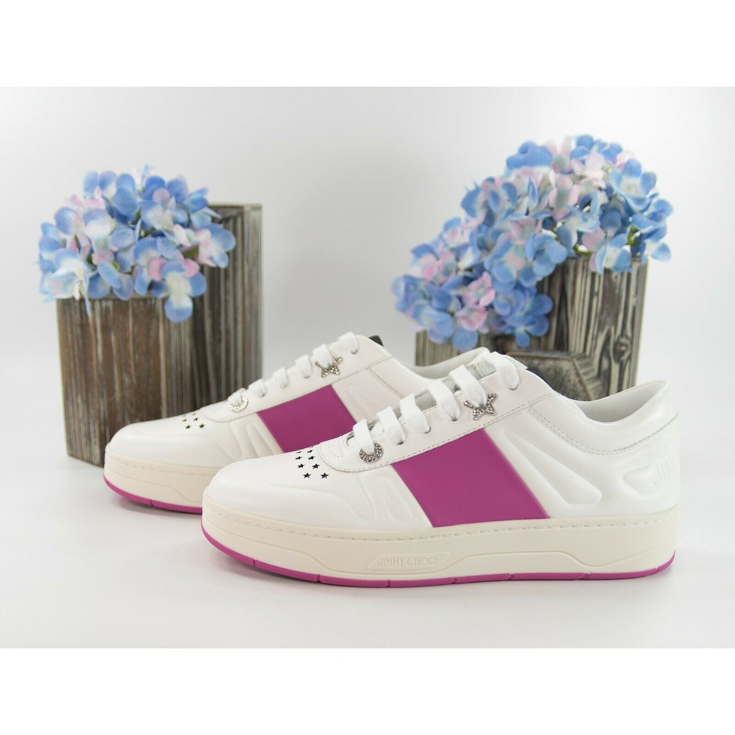 Jimmy Choo Hawaii Fuchsia Stripe Leather Flatform Sneakers 38 NIB