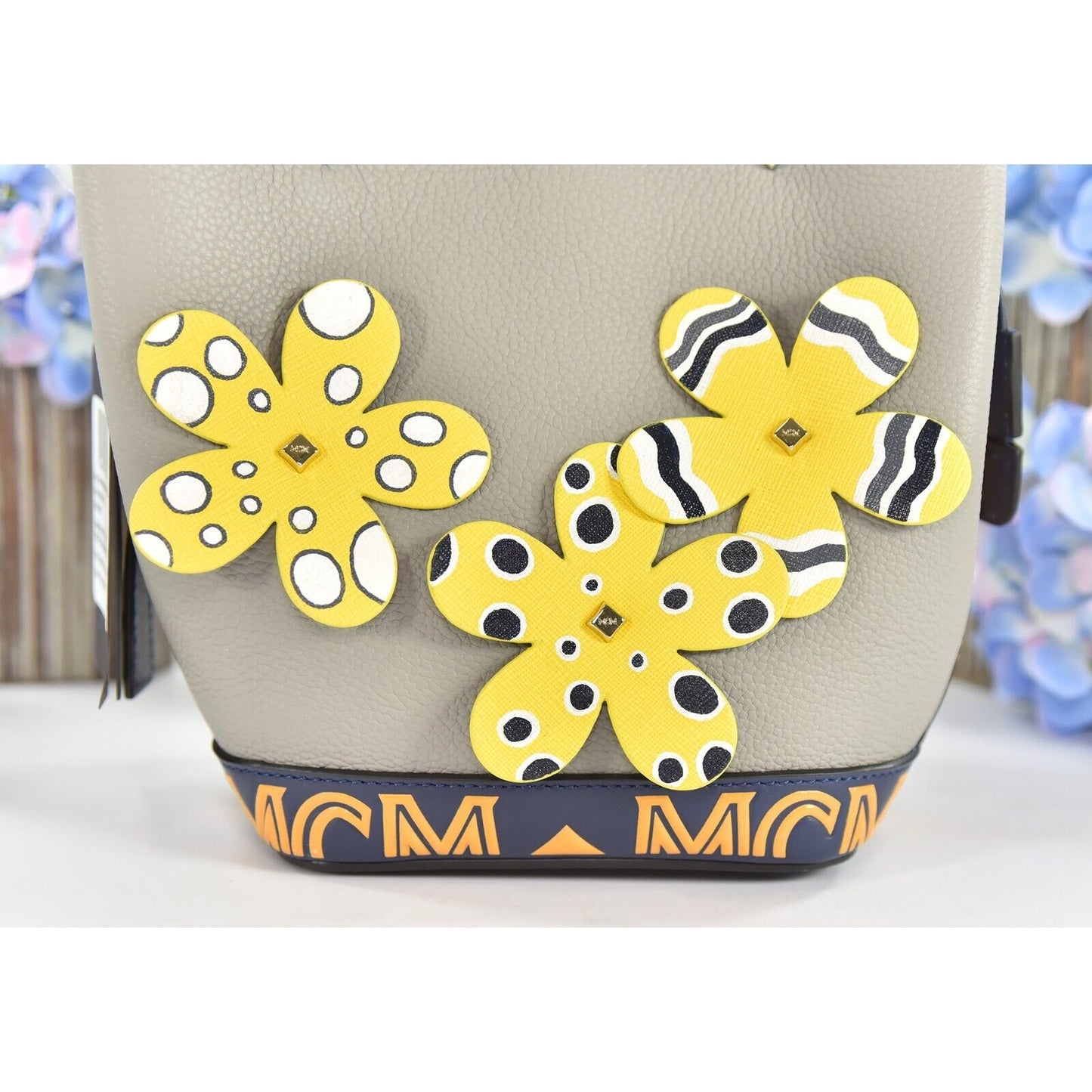 MCM Yellow Grey Goatskin Mini Upcycling Project Flower Milano Drawstring Bag NWT