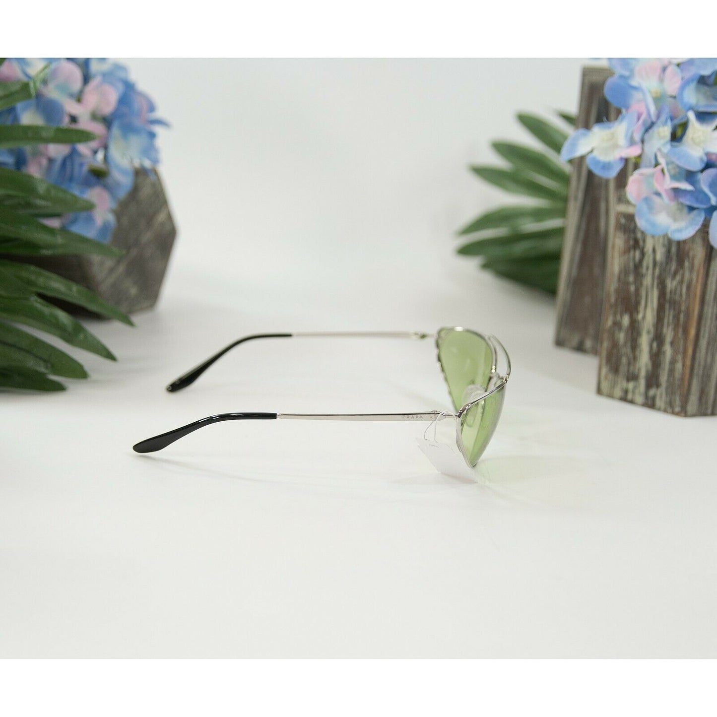 Prada 62VS66 Silver Pale Green Polarized Metal Aviator Logo Sunglasses NWT Case