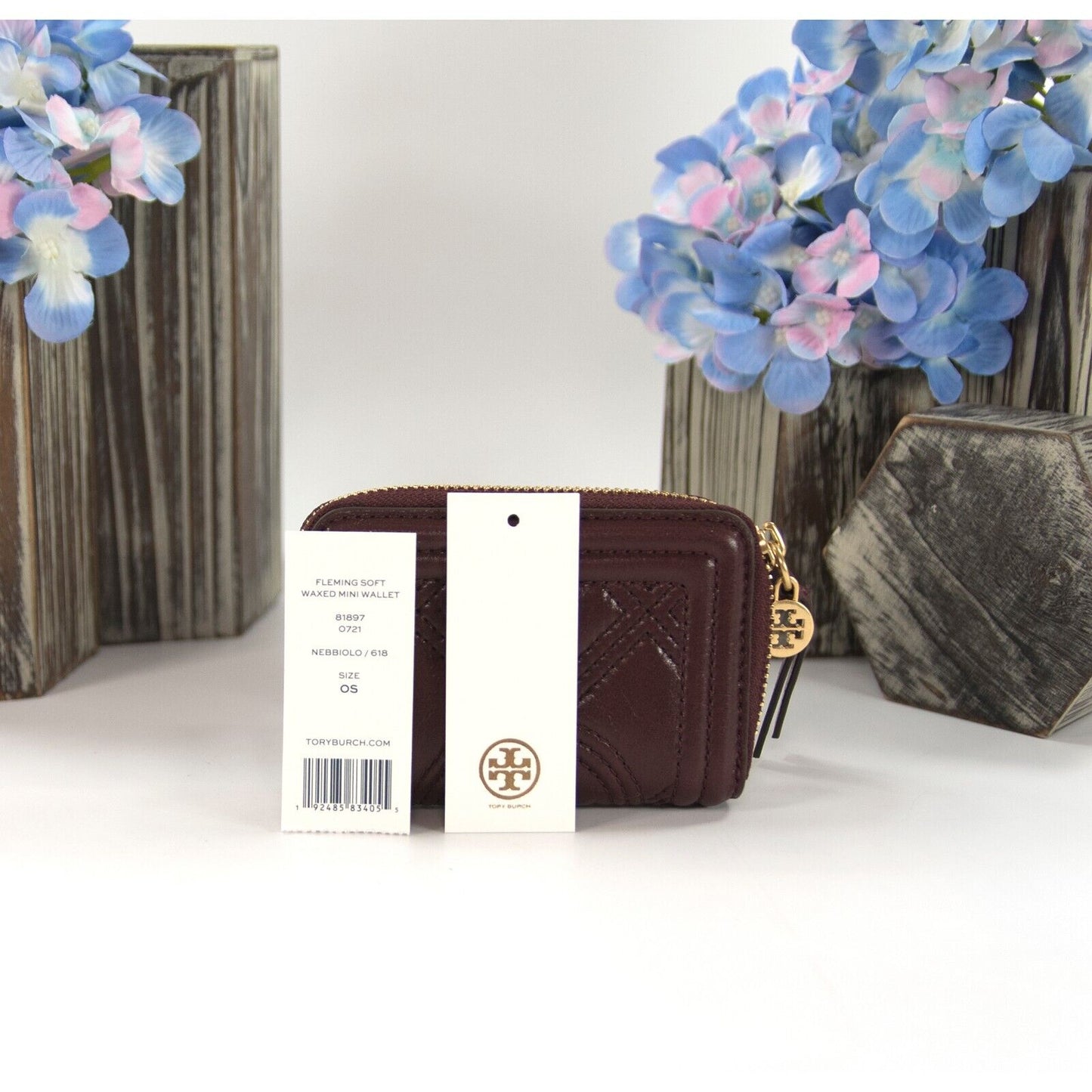 Tory Burch Nebbiolo Soft Waxed Leather Mini Compact Zip Around Wallet NWT
