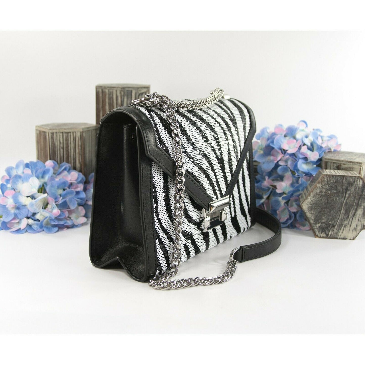 Michael Kors Whitney Zebra Sequin Black Leather Large Crossbody NWT DEFECT!