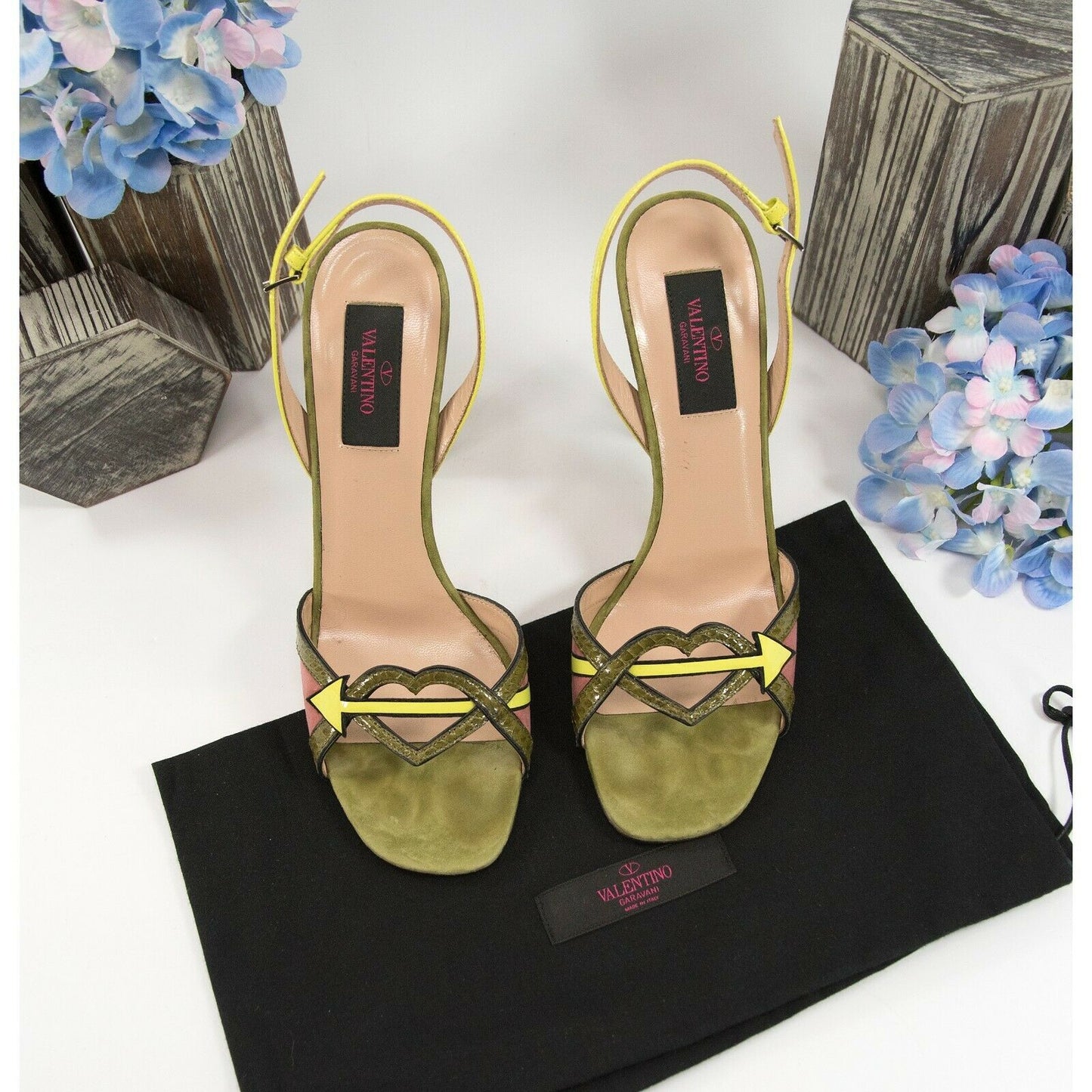 Valentino Limited Edition Cupid Heart Army Green Suede Python Heels 37 7 NIB