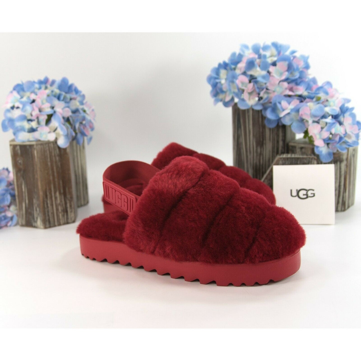 UGG Fluff Oh Yea Robe Red Sheepskin Fur Slippers Slides Sandals Size 6 NIB