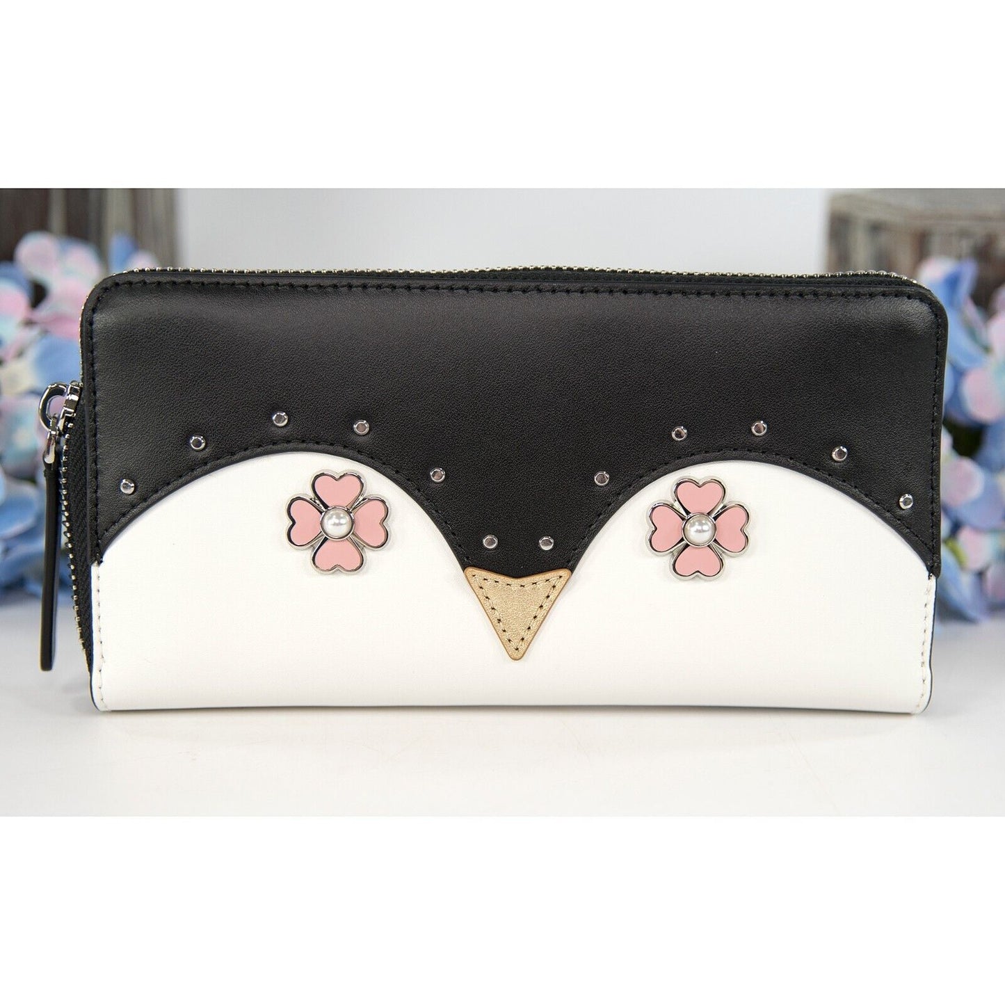 Kate Spade Black Leather Frosty Penguin Large Zip Around Lacey Wallet NWT