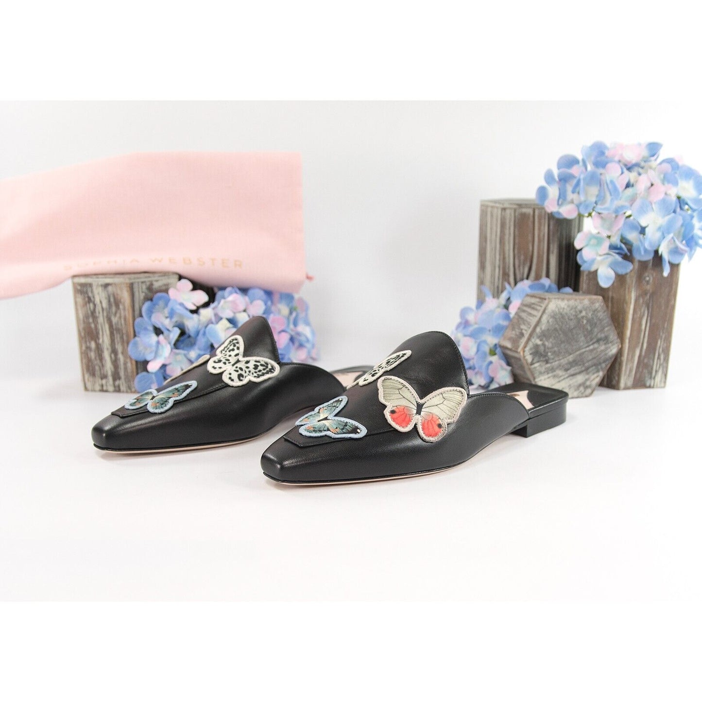 Sophia Webster Black Leather Butterfly Loafer Mule Flats Size 38 NIB