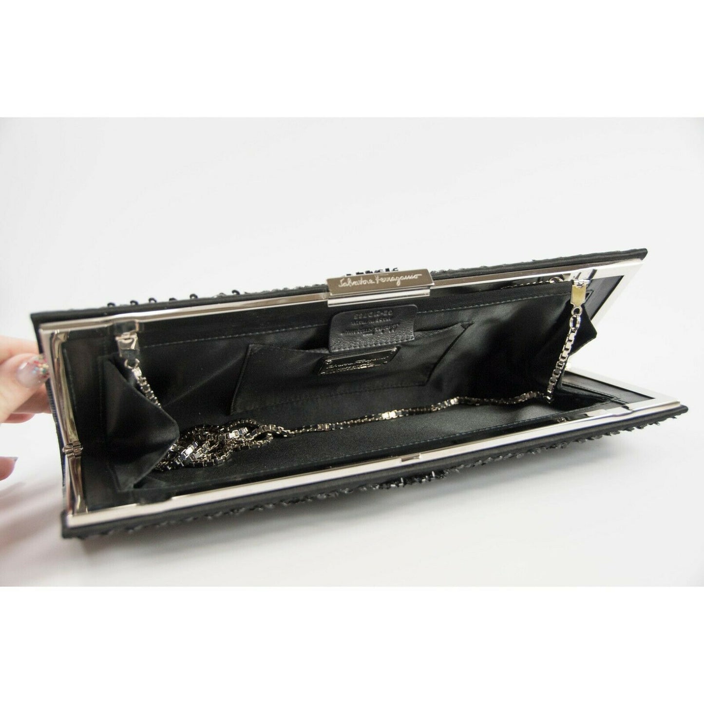 Salvatore Ferragamo Kameron Black Silver Framed Beaded Jewel Clutch Bag $2590