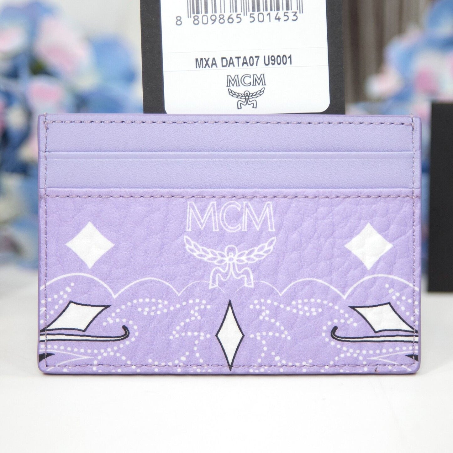 MCM Purple Rose Bandana Stud Visetos Leather Card Case Holder NWT