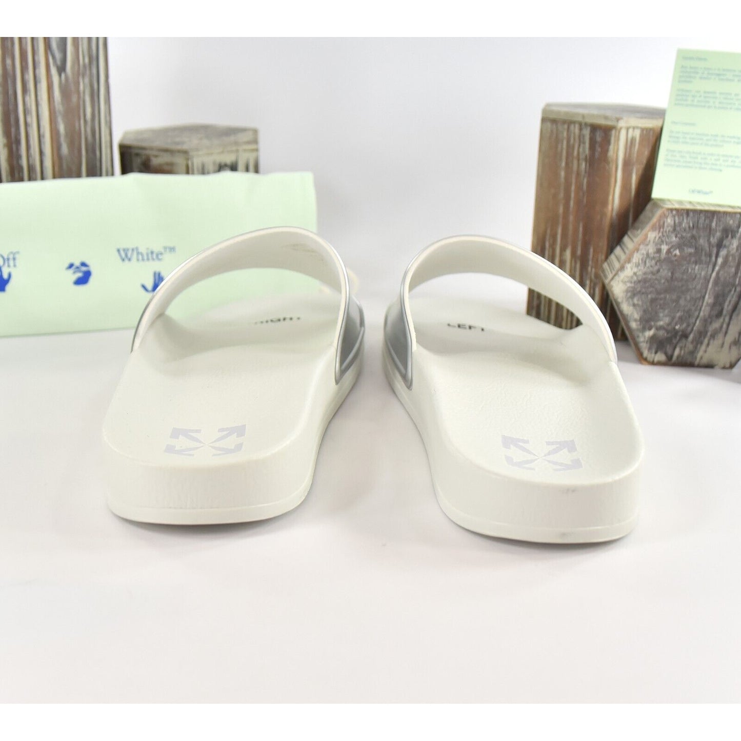 Off-White HF Mirror Silver Arrow Embossed Logo Rubber Pool Slides 43 NIB