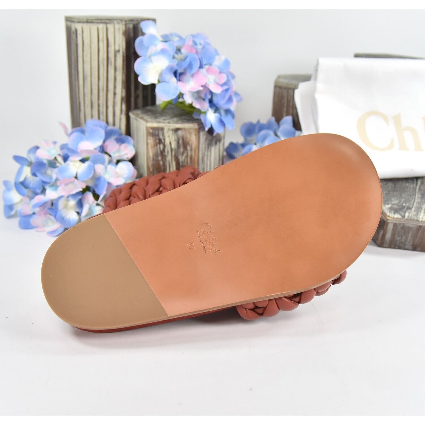 Chloe Terracotta Brown Leather Kacey Woven Flat Mules Slides Sz 37 NIB