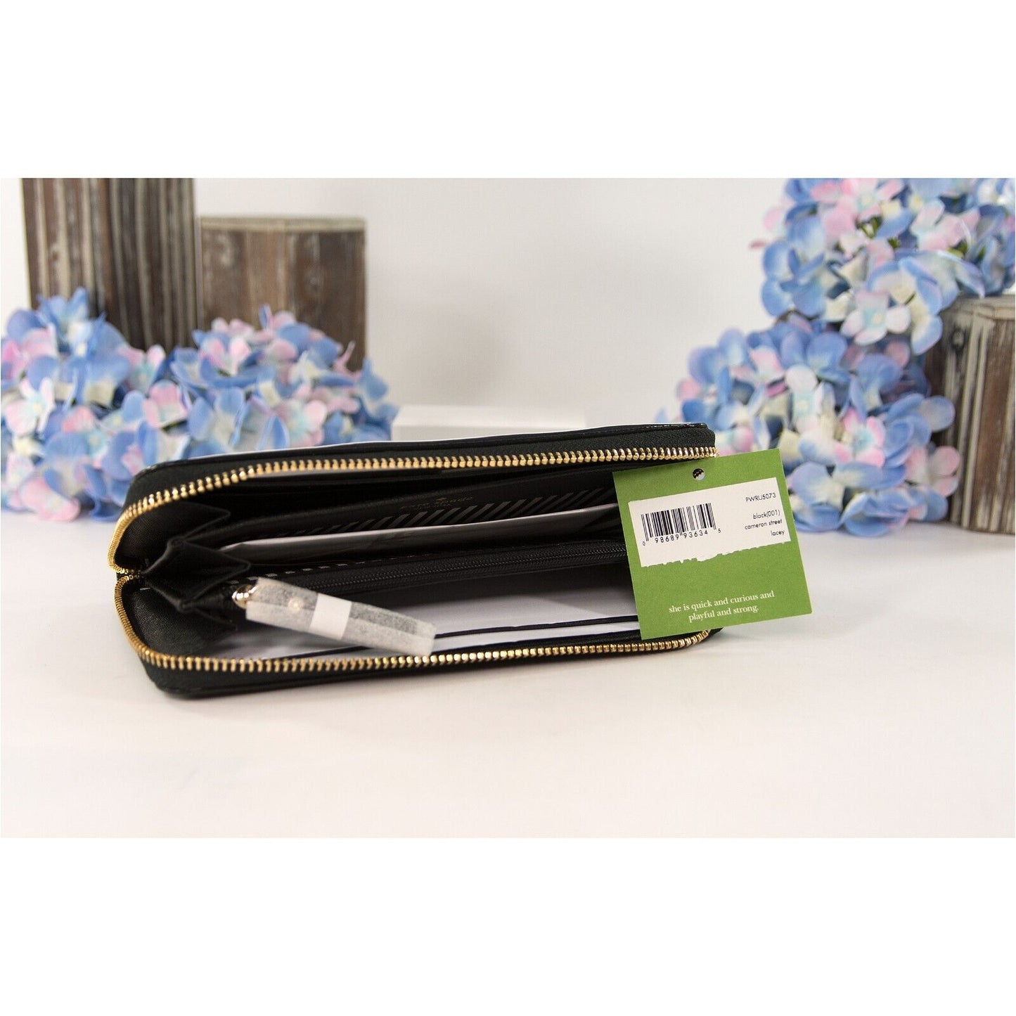 Kate Spade Black Leather Cameron Street Zip Around Lacey Wallet NWT