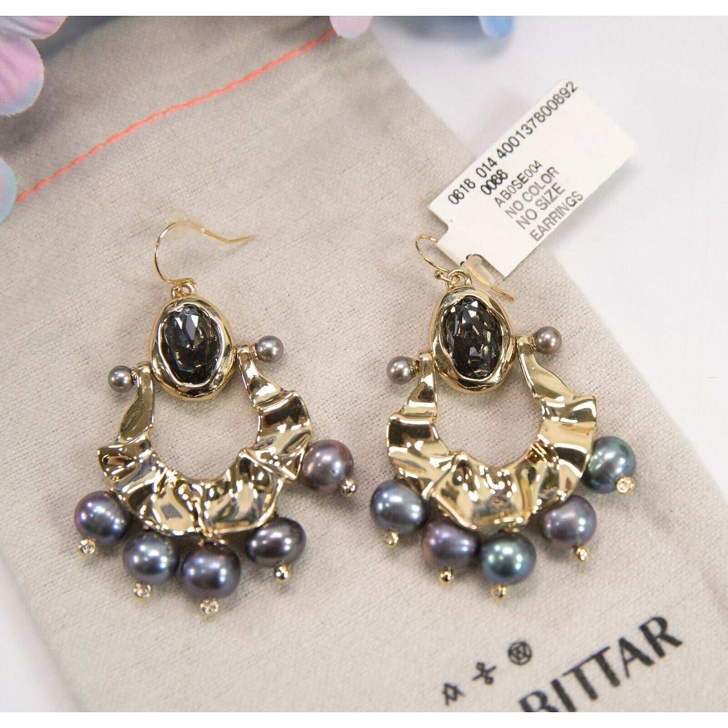 Alexis Bittar Gold Navette Crystal Pearl Chandelier Large Drop Earrings NWT