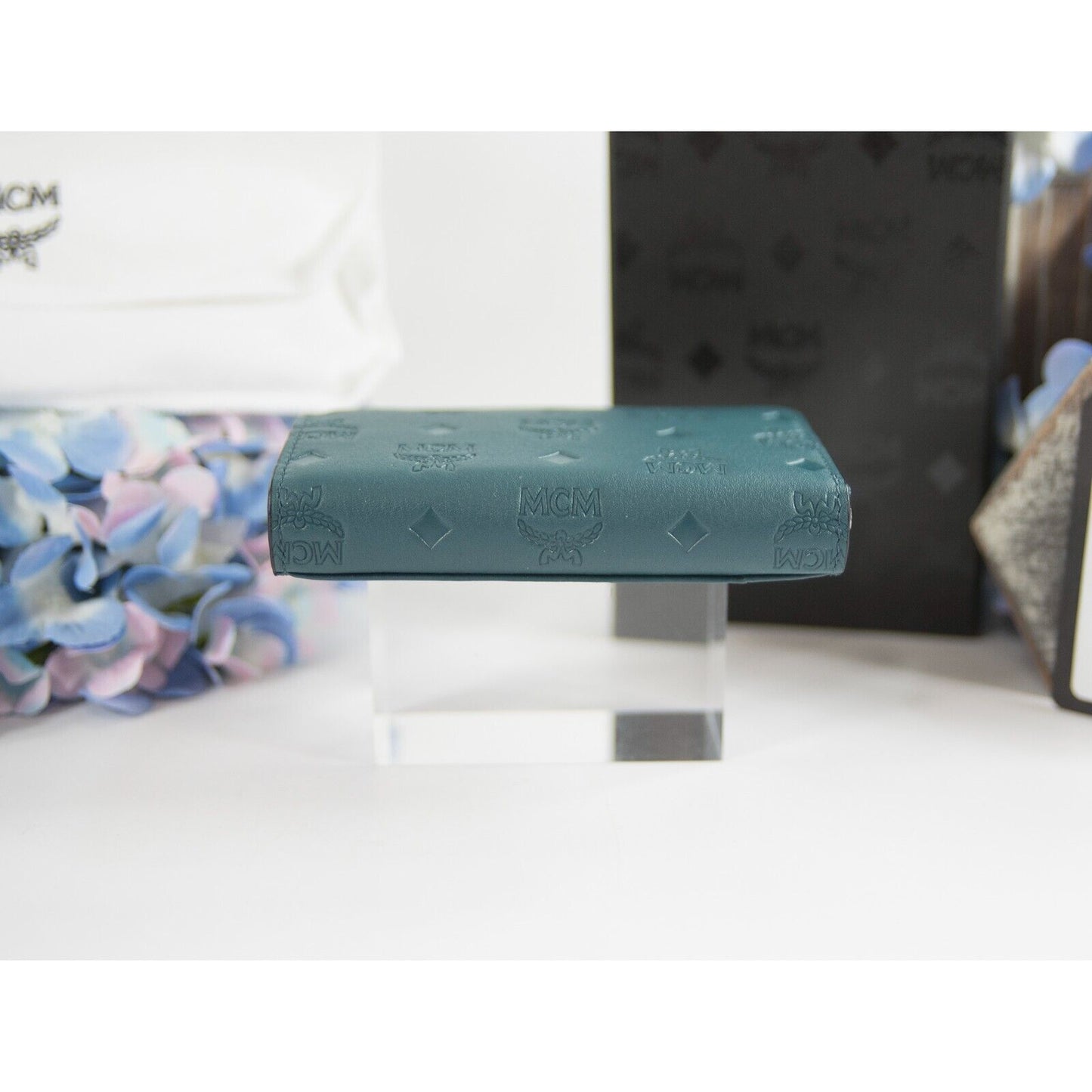 MCM Logo Embossed Deep Teal Leather Zip Card Case Mini Wallet NWT