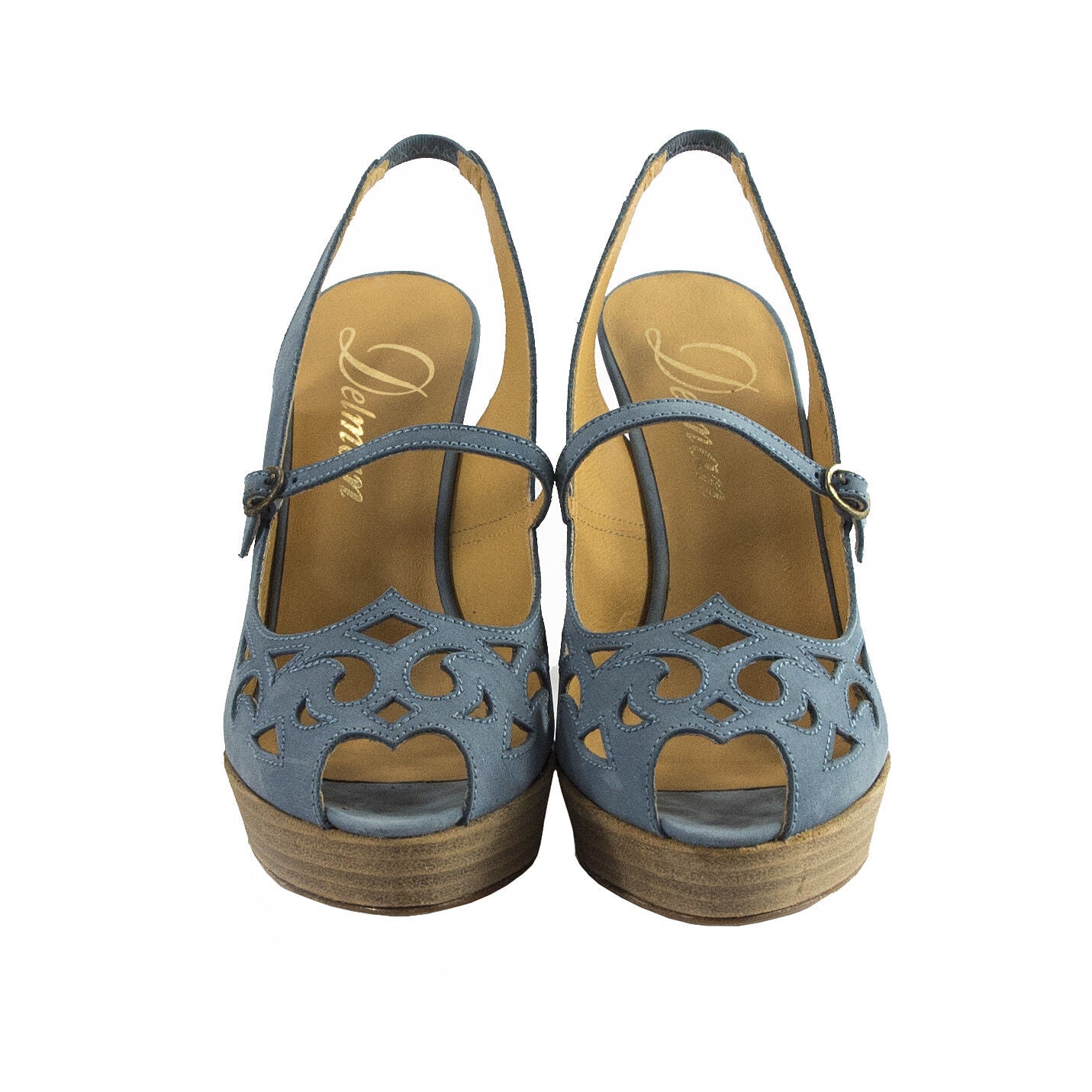 Delman Sahara Blue Suede Mary Jane Cut Out Platform Sandal Heels 9