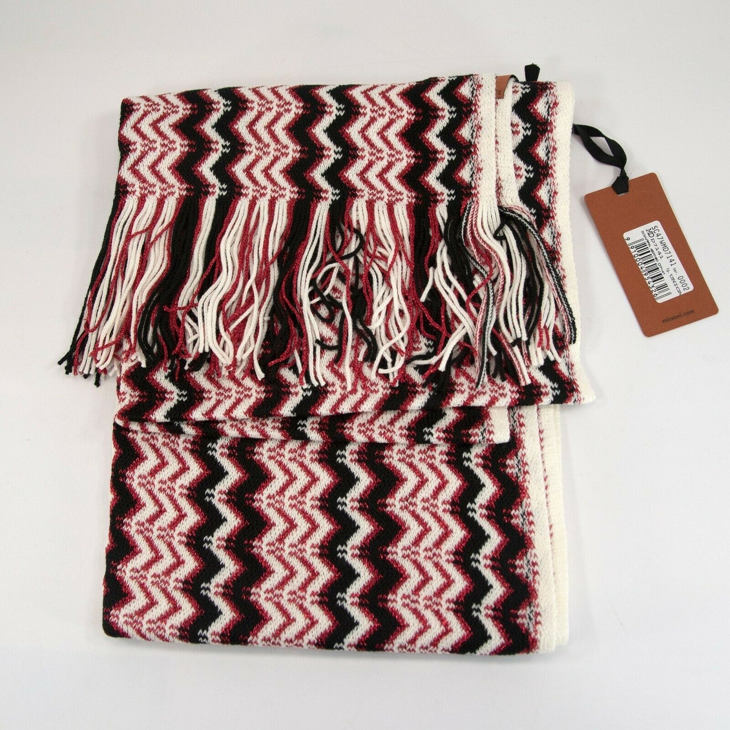 Missoni Metallic Red Black Wool Blend Zig Zag Orange Label Fringe Scarf NWT