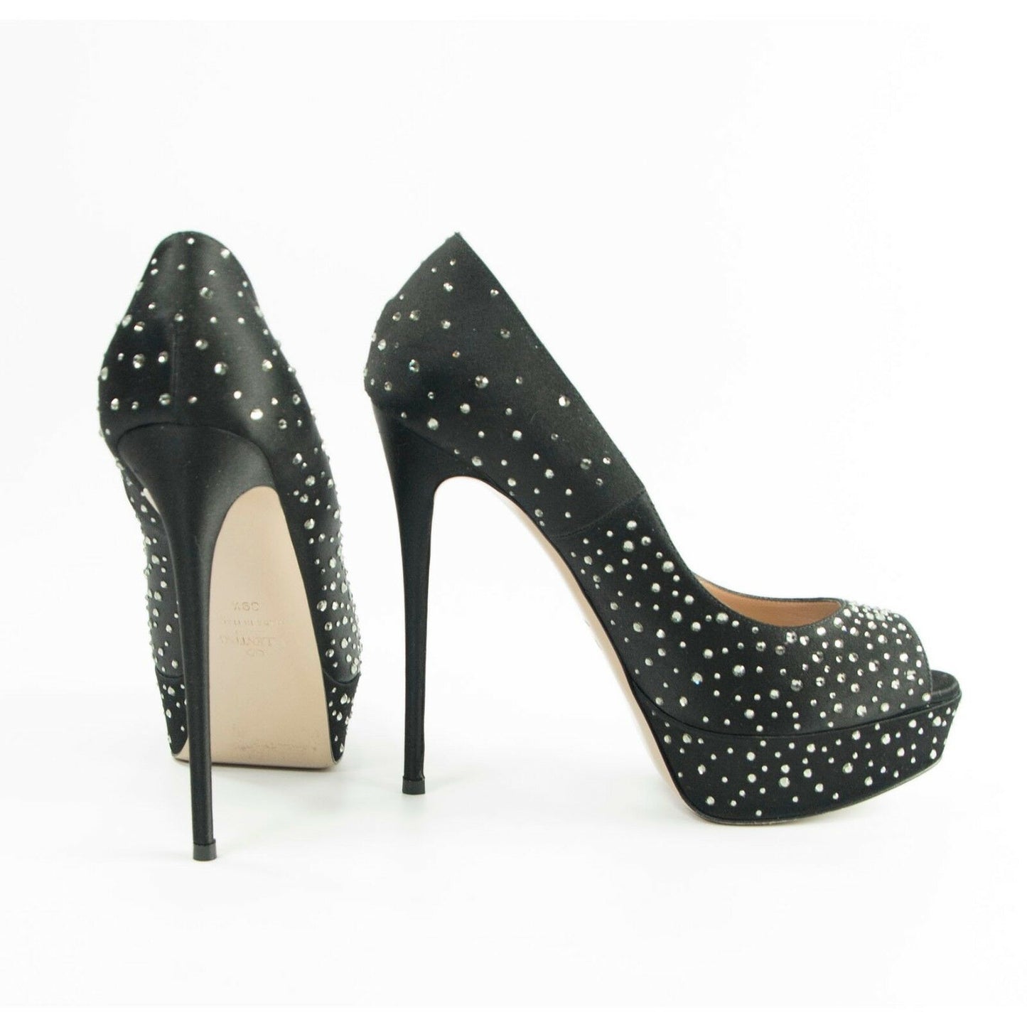 Valentino Black Satin Crystal Peep Toe Platform Runway Heels 39.5 9.5 $1950
