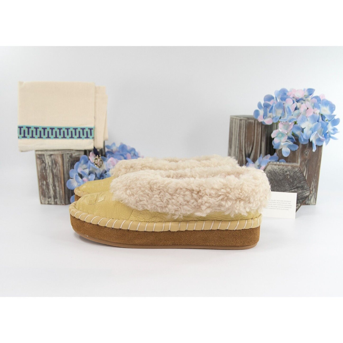 Tory Burch Cornbread Deer Leather Shearling Oversized Slipper Sz 7 NIB