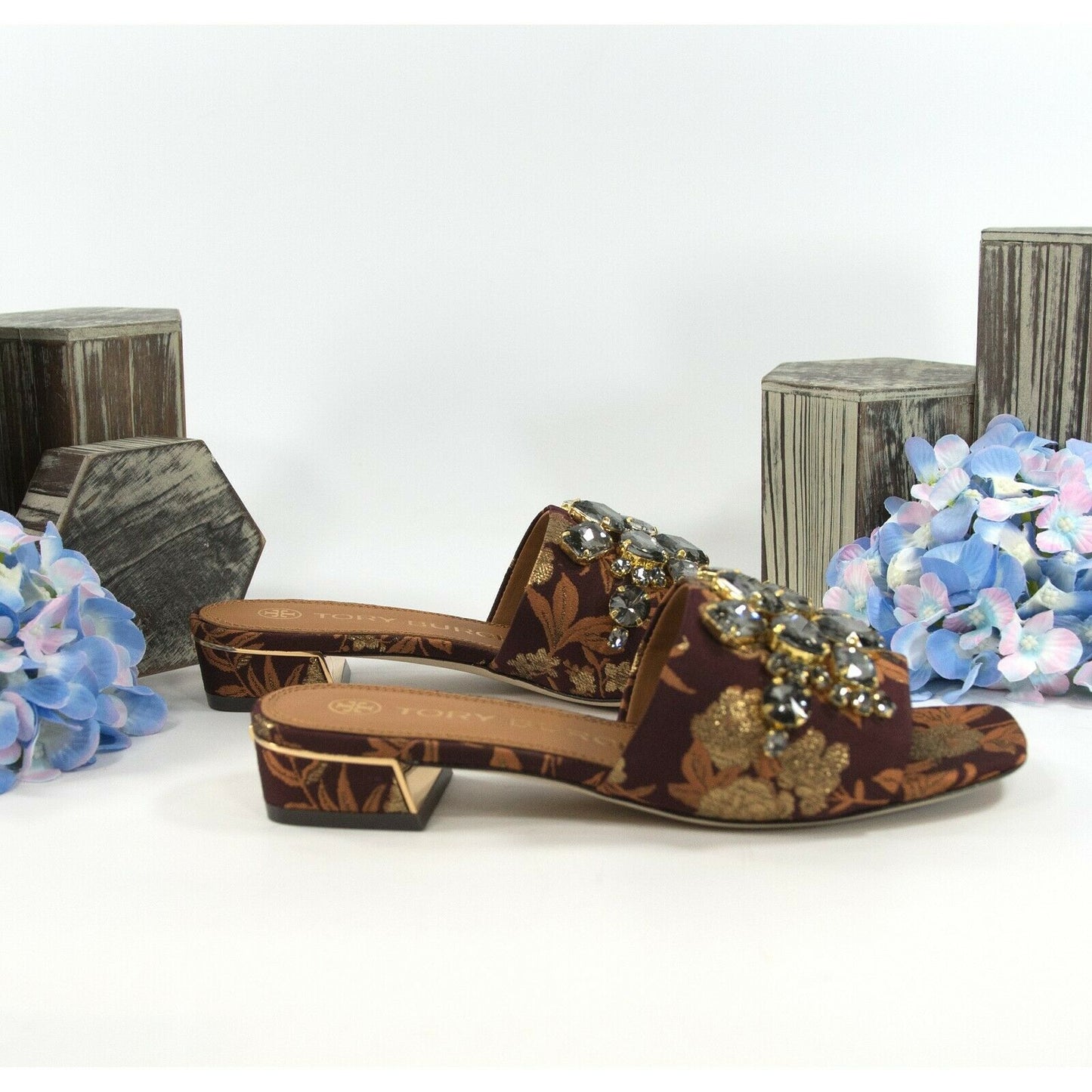 Tory Burch Martine Burgundy Gold Floral Jacquard Jeweled Flats Slides Sz 6 NIB