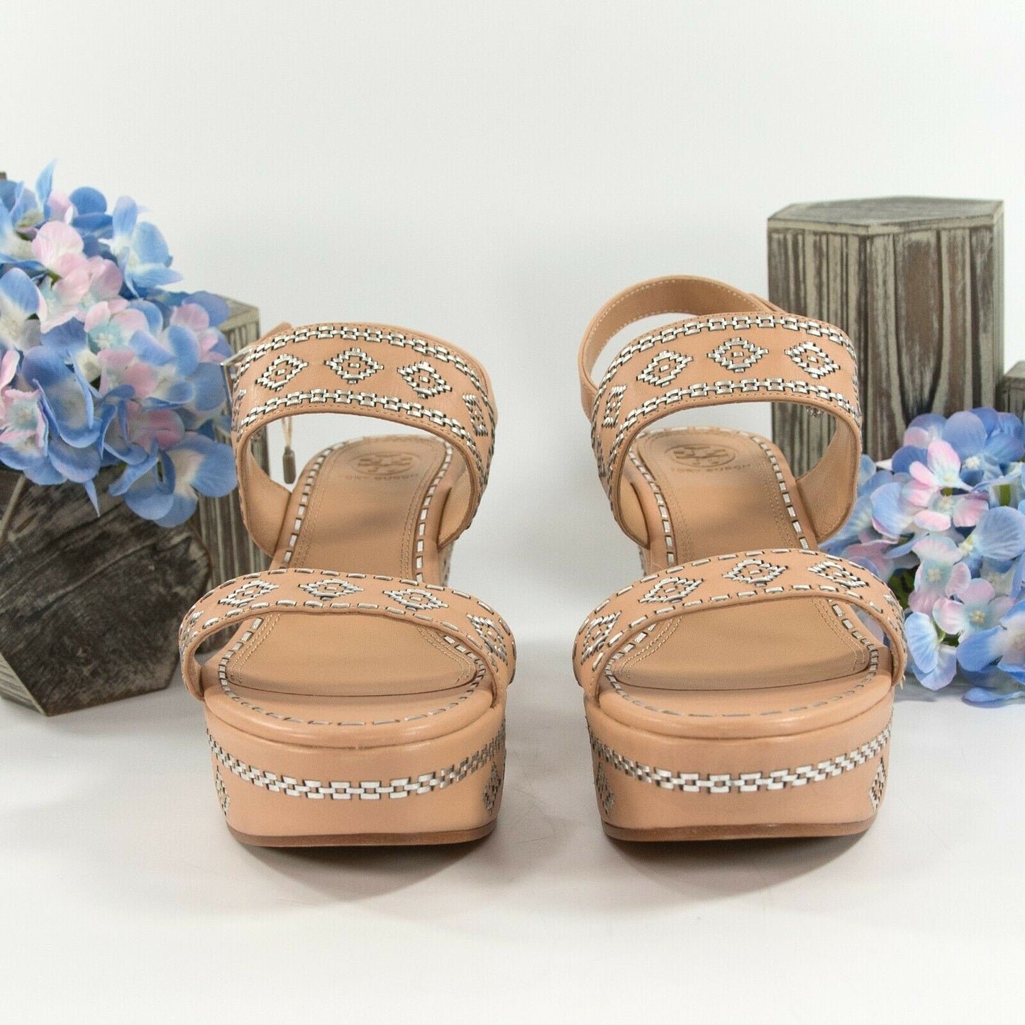 Tory Burch 80MM Natural Vachetta Leather Silver Woven Ankle Strap Wedge Heels 9
