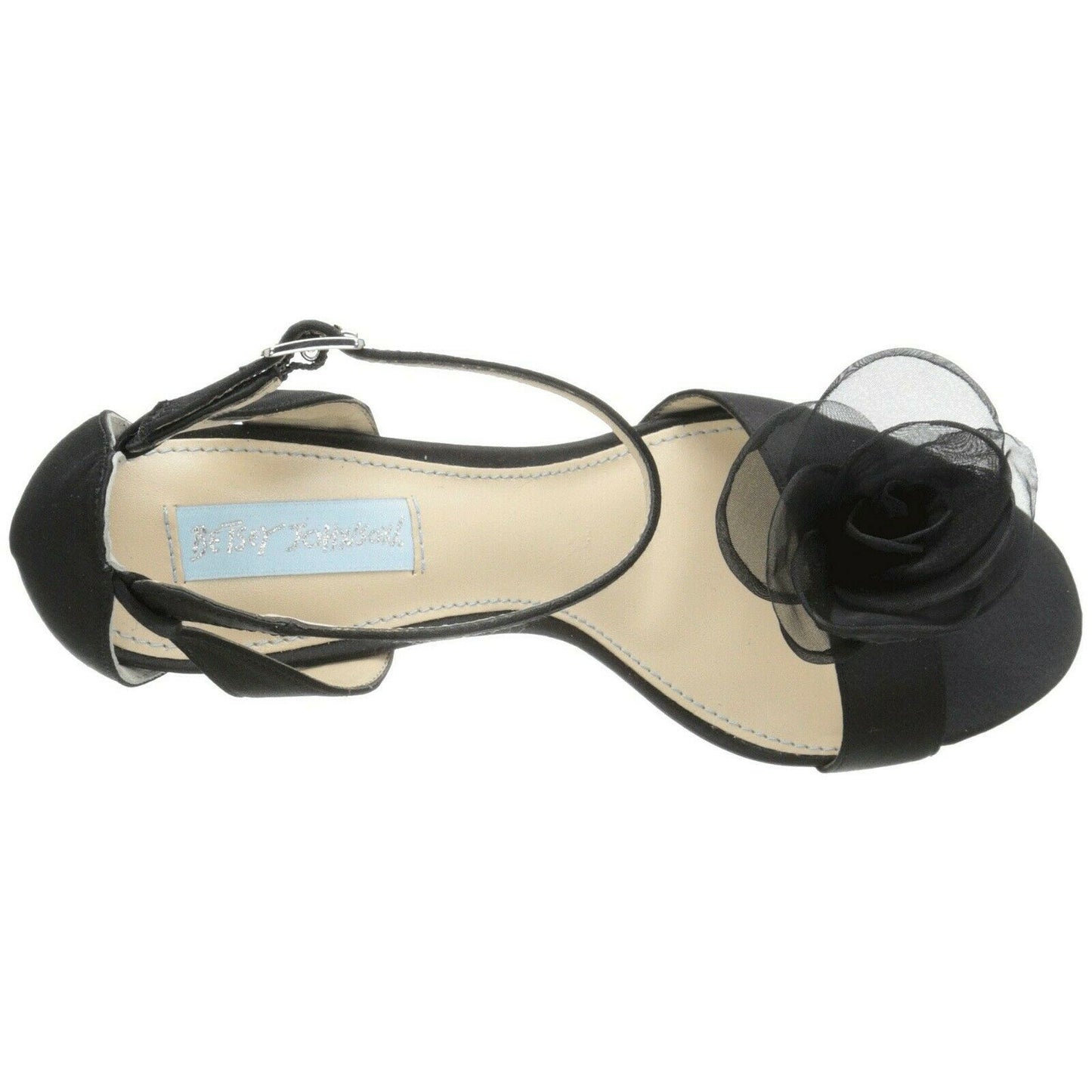 Betsey Johnson Maddi Black Satin Chiffon Flower Open Toe Kitten Heels 6.5 NIB