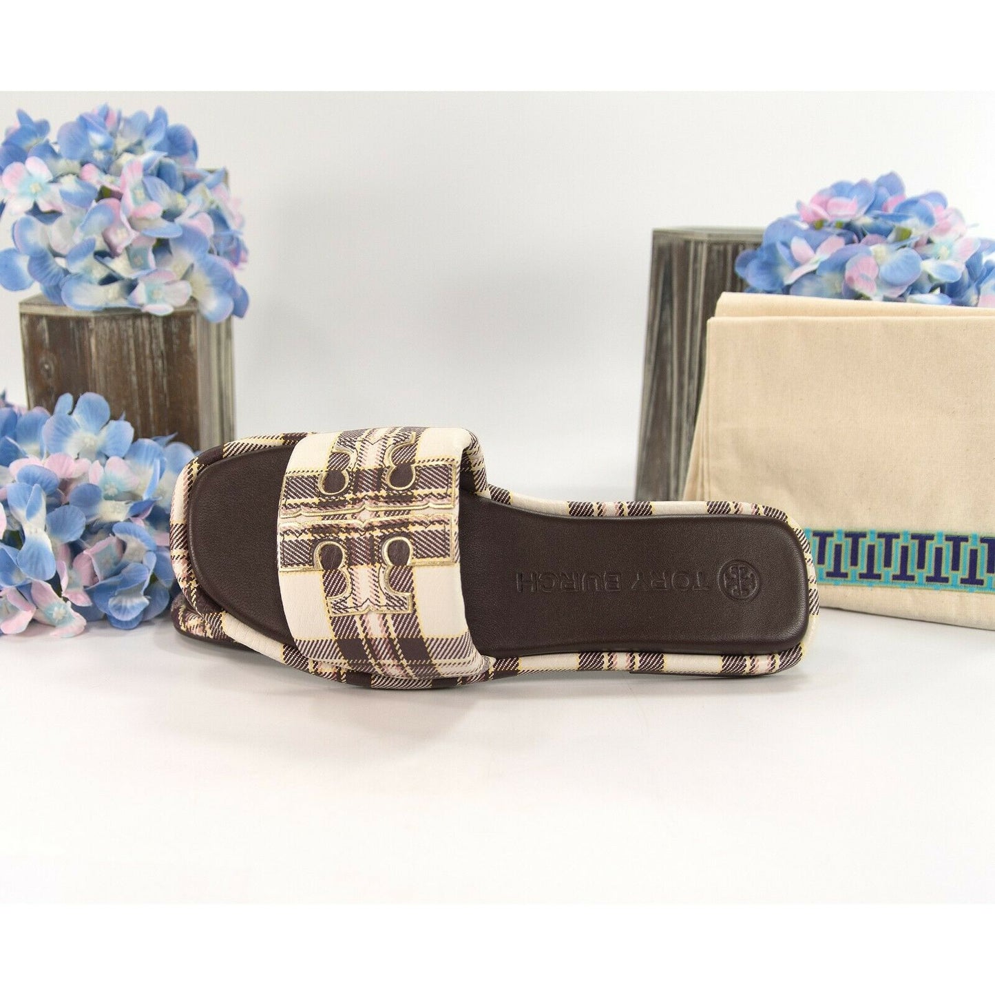 Tory Burch Cream Black Yellow Plaid Leather Double T Padded Sport Slide Sz 7 NIB