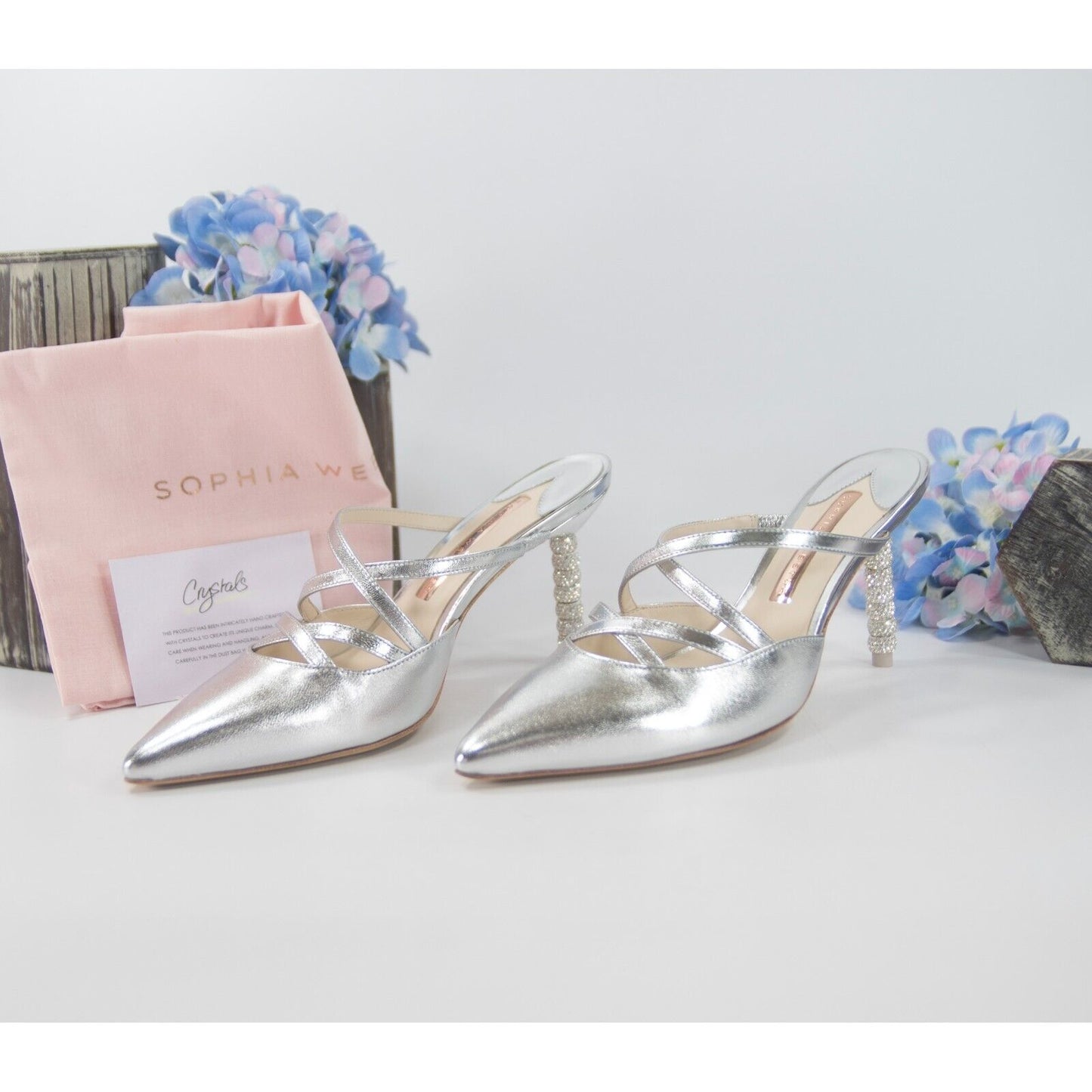Sophia Webster Coco Silver Metallic Leather Crystal Slides Heels Sz 36.5 NIB