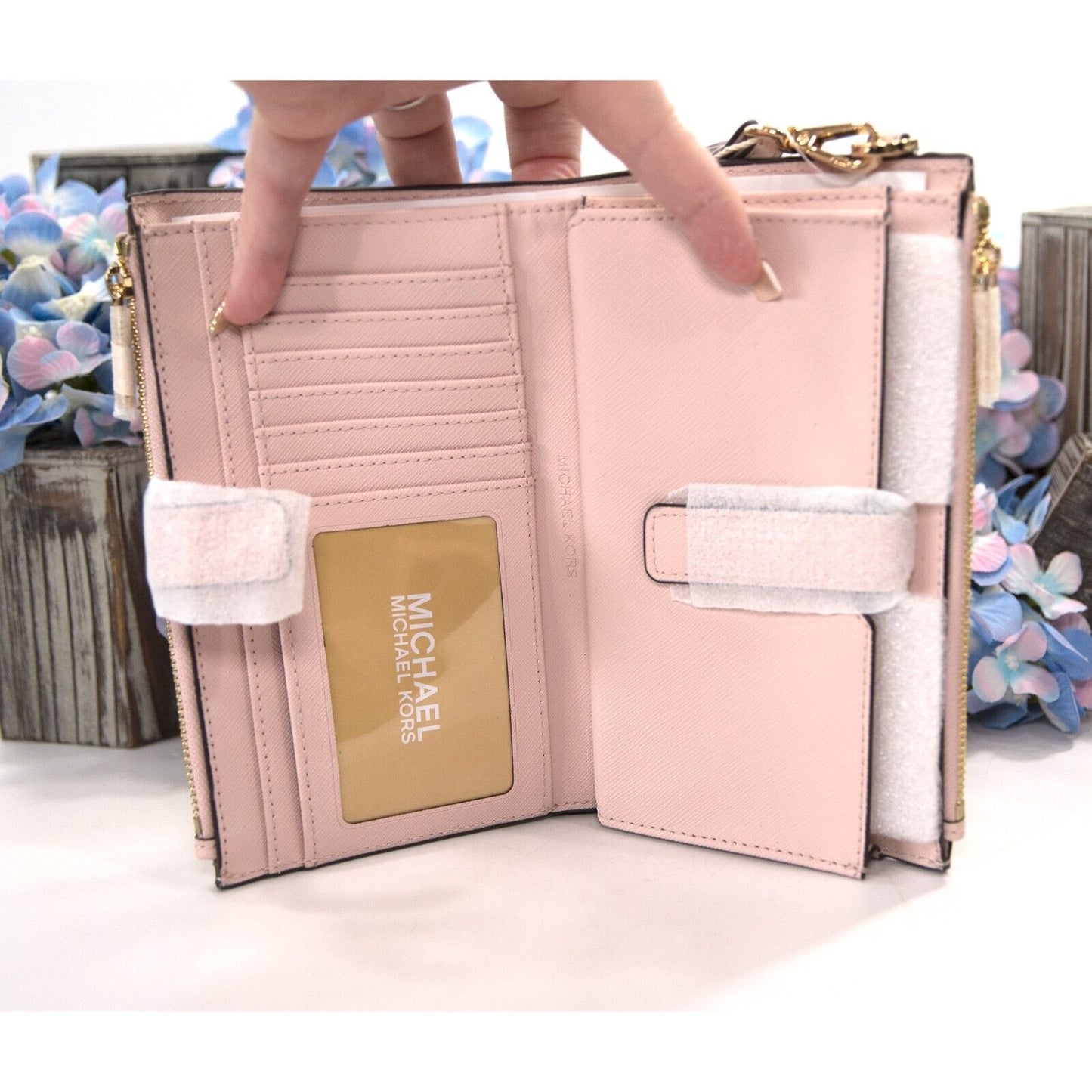 Michael Kors Jet Set Powder Blush Leather Double Zip Phone Wallet Wristlet NWT