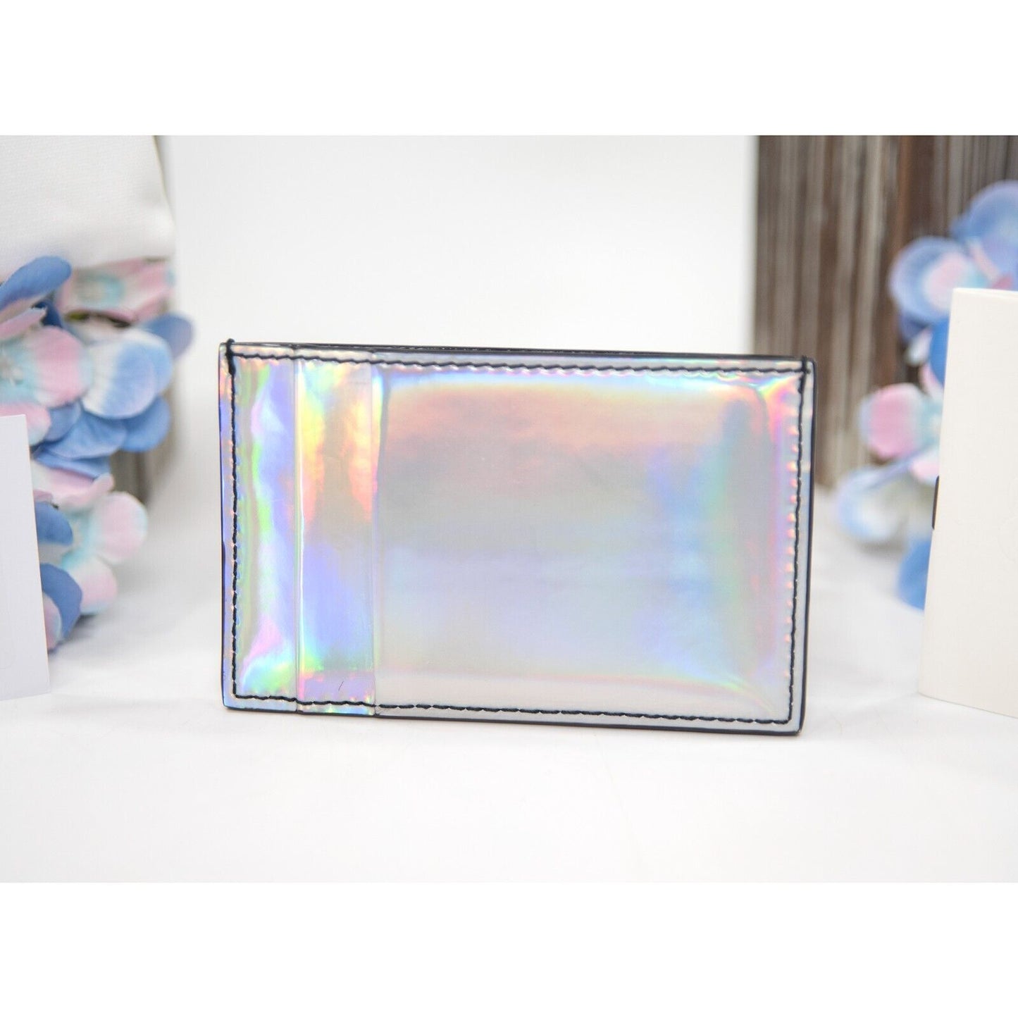 Alexander McQueen Ribcage Iridescent Leather Logo Card Case Mini Wallet NWT
