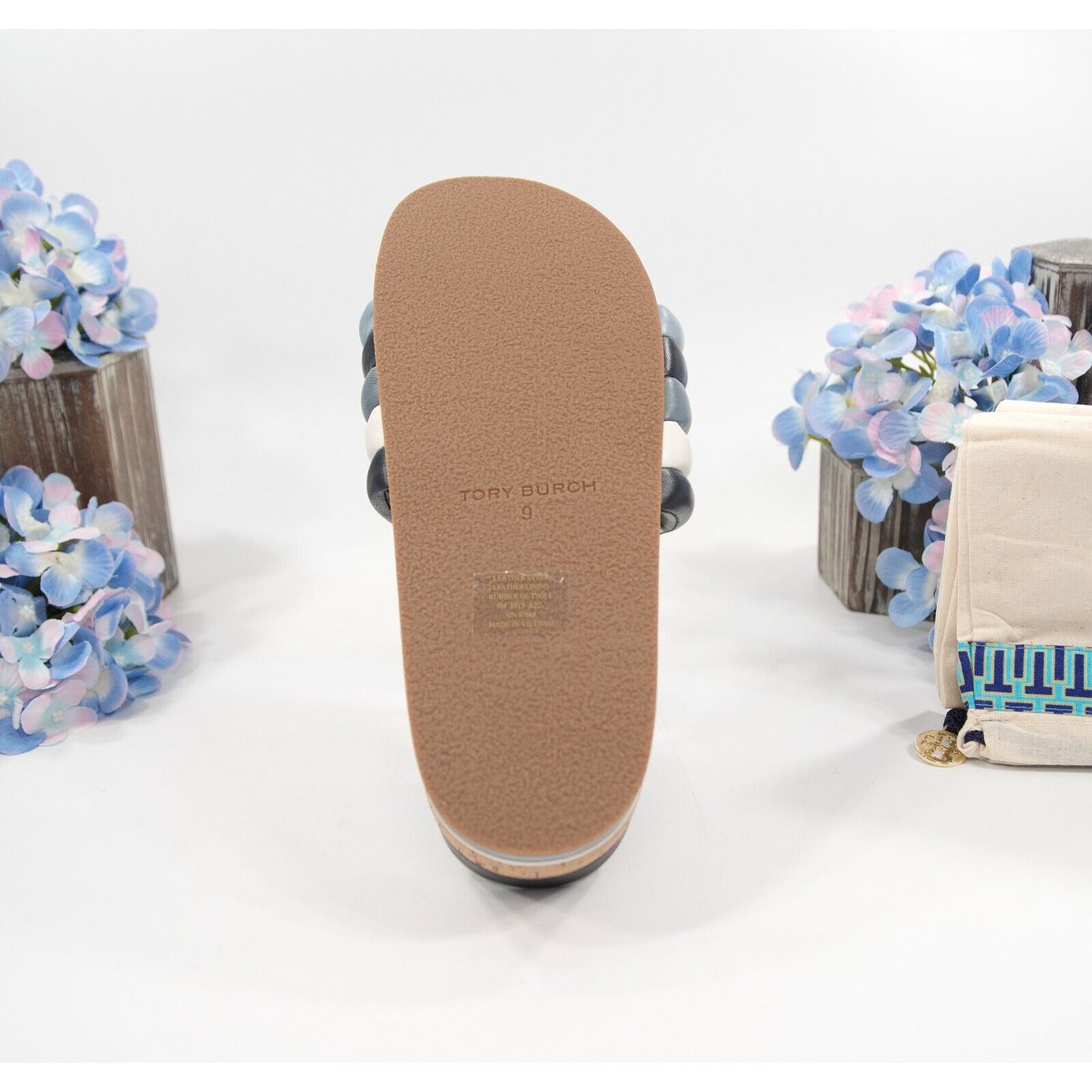 Tory Burch Perfect Navy Light Blue Nappa Quilted Leather Platform Slide 9 NIB