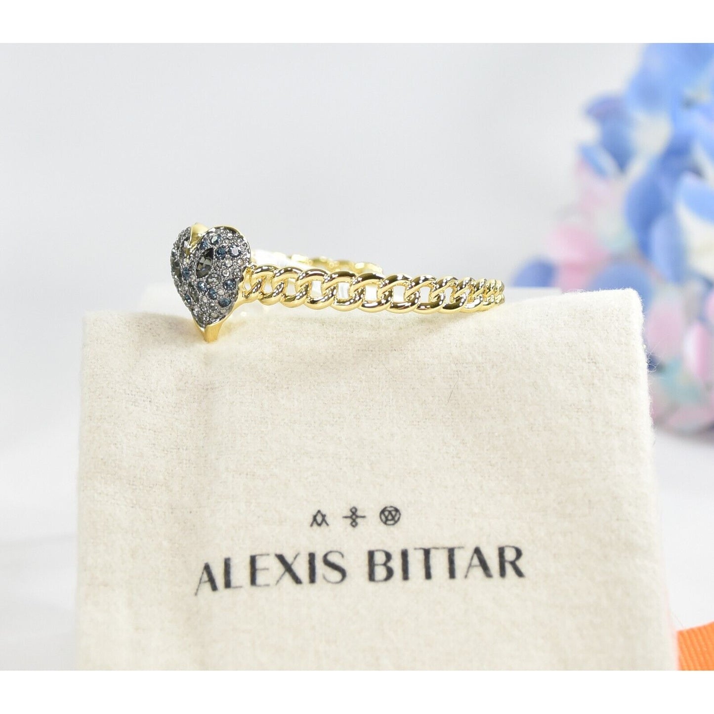 Alexis Bittar Solanales Sapphire Crystal Heart Macrame Cuff Bangle Bracelet NWT