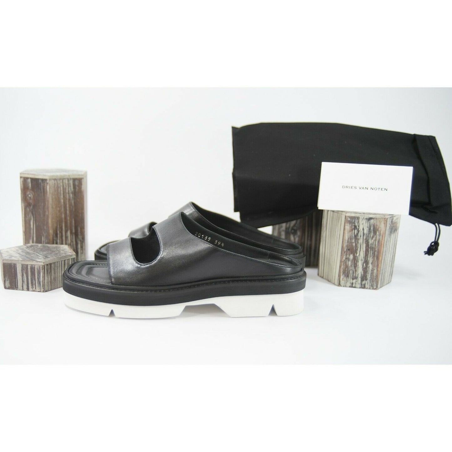 Dries Van Norten Black Calf Leather Cut Out Lug Sole Sandals Size 39.5 9.5 NIB