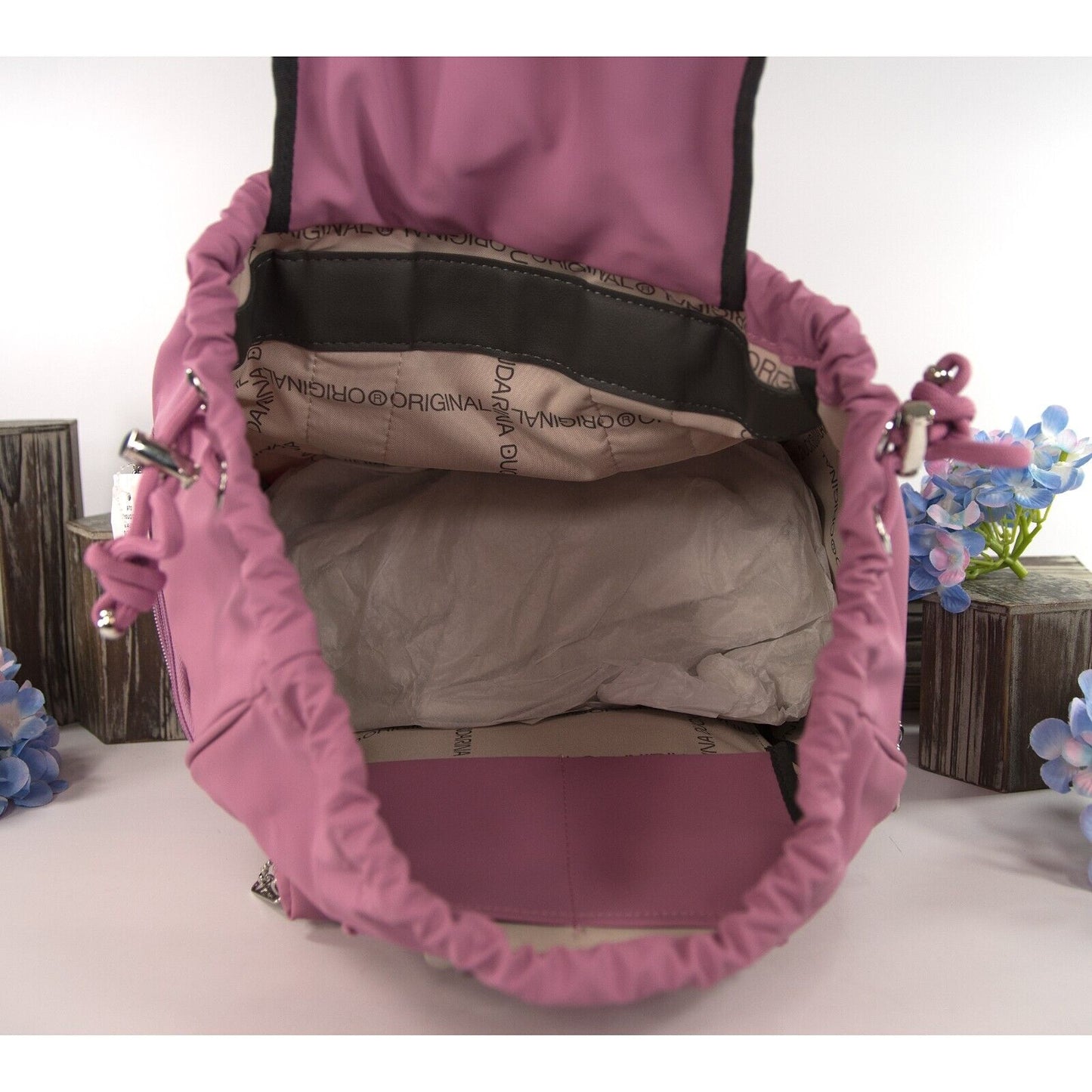 Mandarina Duck Mauve Pink Drawstring Utility Large Backpack Book Bag NWT