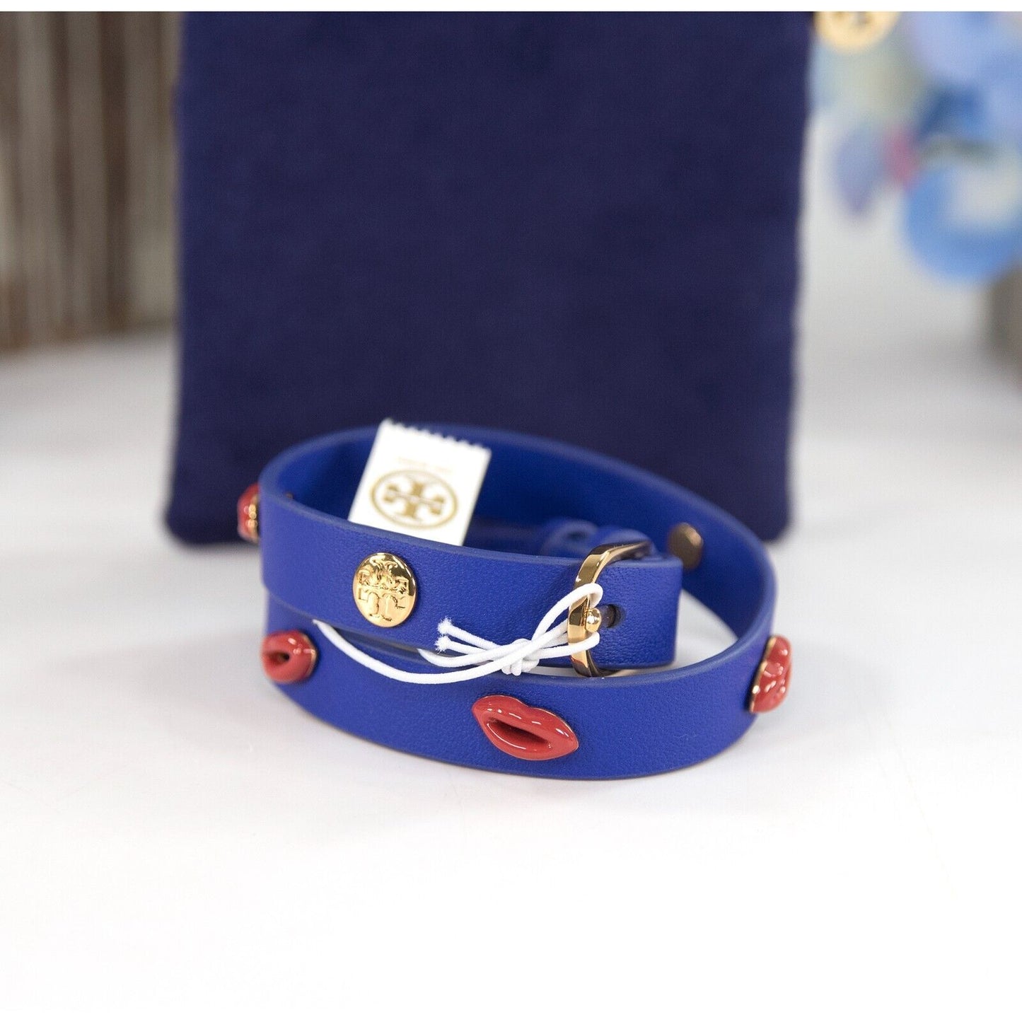 Tory Burch Jewel Blue Lips Leather Wrap Bracelet NWT