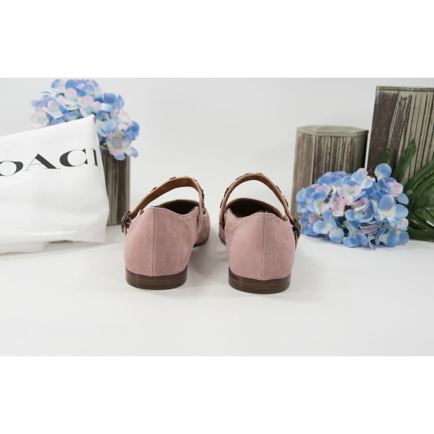 Coach Dusty Rose Flower Stud Suede Leather Mary Jane Flat Size 9.5 NIB