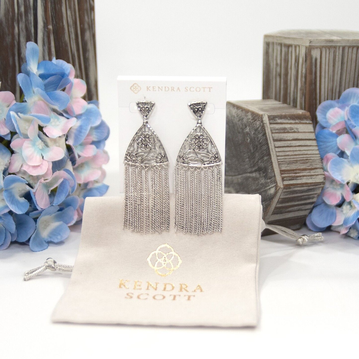 Kendra Scott Ana Floral Fringe Rhodium Drop Dangle Statement Earrings NWT
