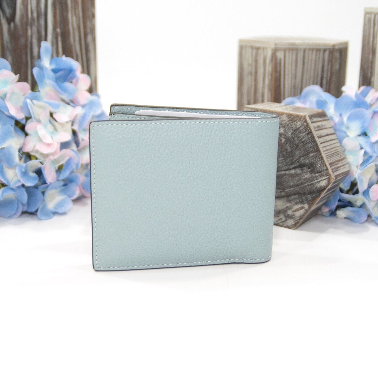 Coach Mens Logo Embossed Aqua Navy Leather Bifold Billfold Wallet NWT