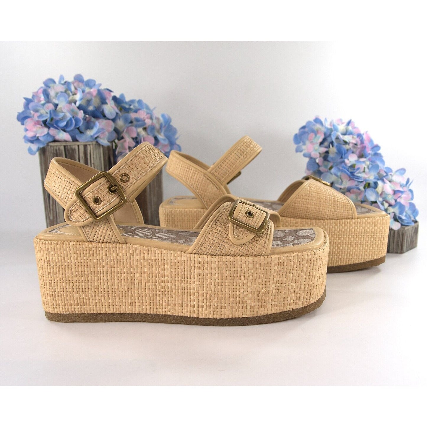 Coach Naomi Raffia Flatform Platform Sandal Heels Sz 9.5 NWOB C8903
