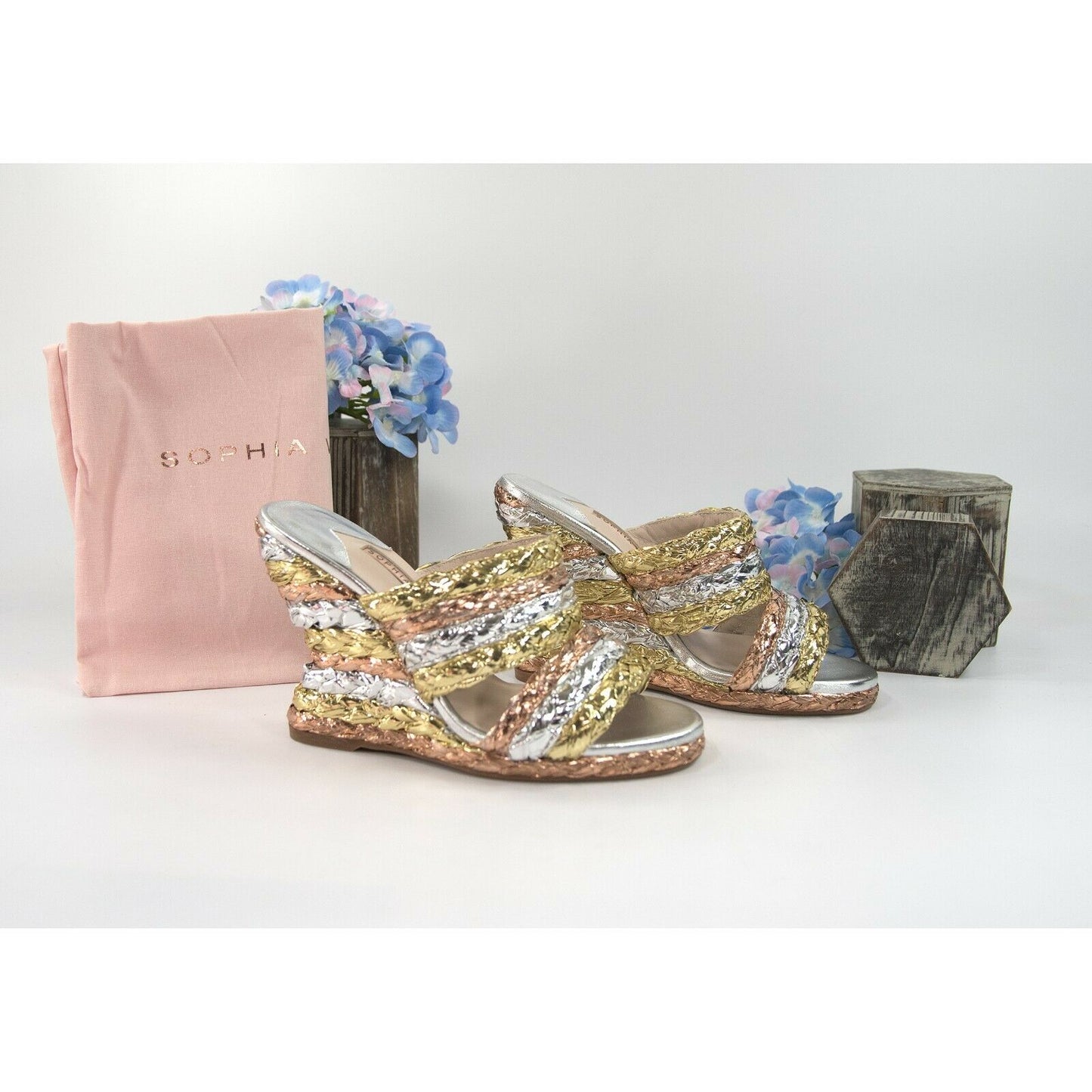 Sophia Webster Metallic Leather Ines Raffia Espadrille Wedge Heels Size 36.5 NIB