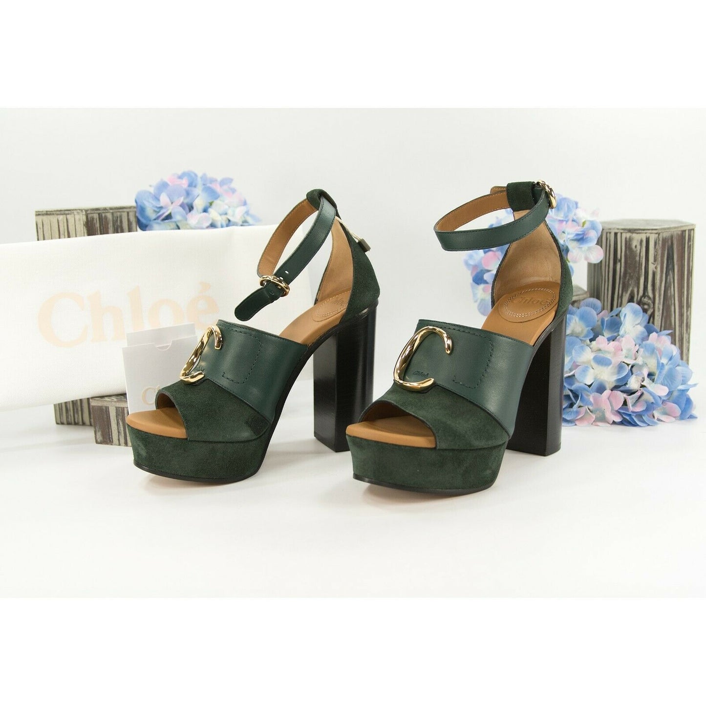 Chloe British Green Suede Leather C Logo Platform Sandal Heels 36 NIB