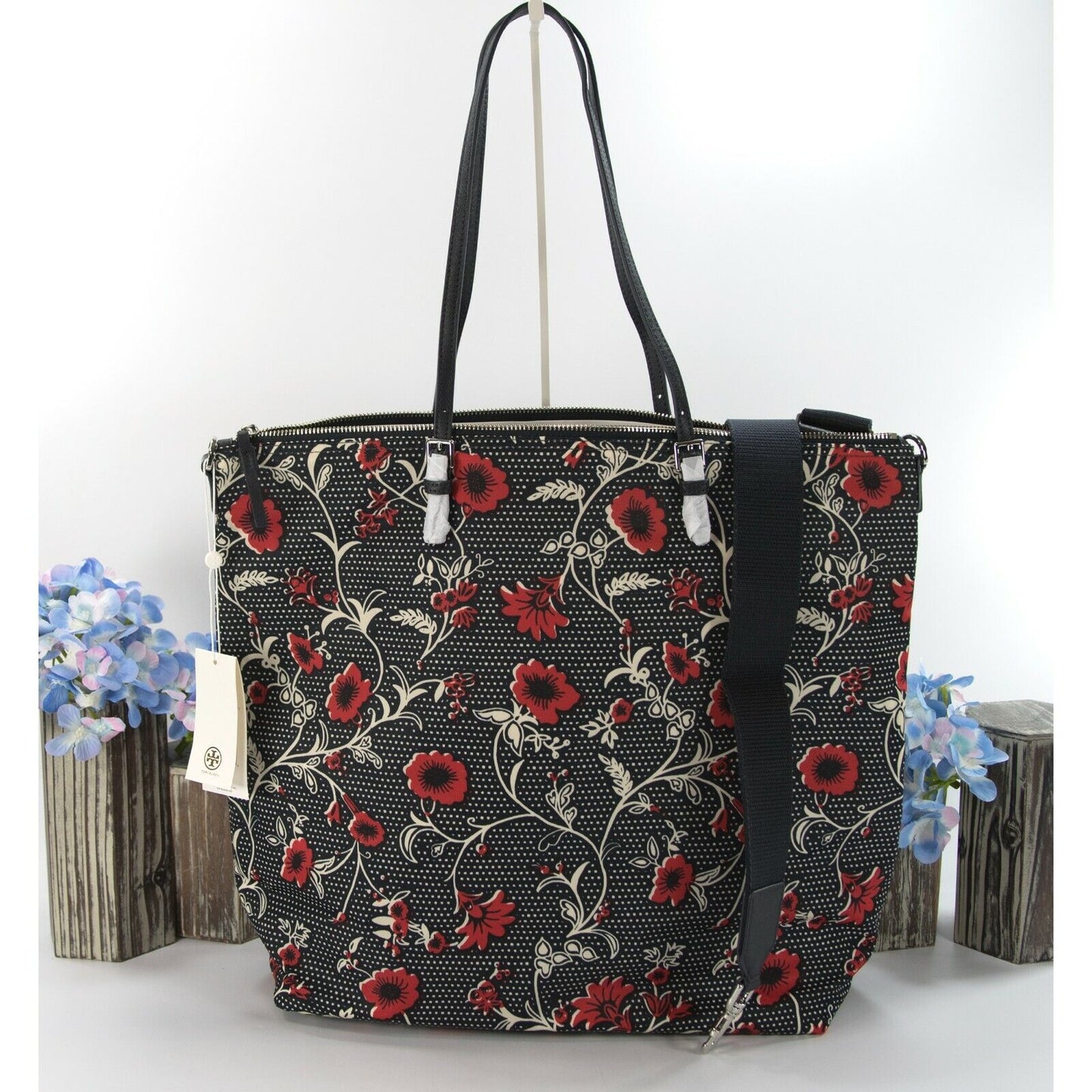 Tory Burch Virginia Red Retro Floral Block Print Nylon Leather Zip Tote Bag NWT