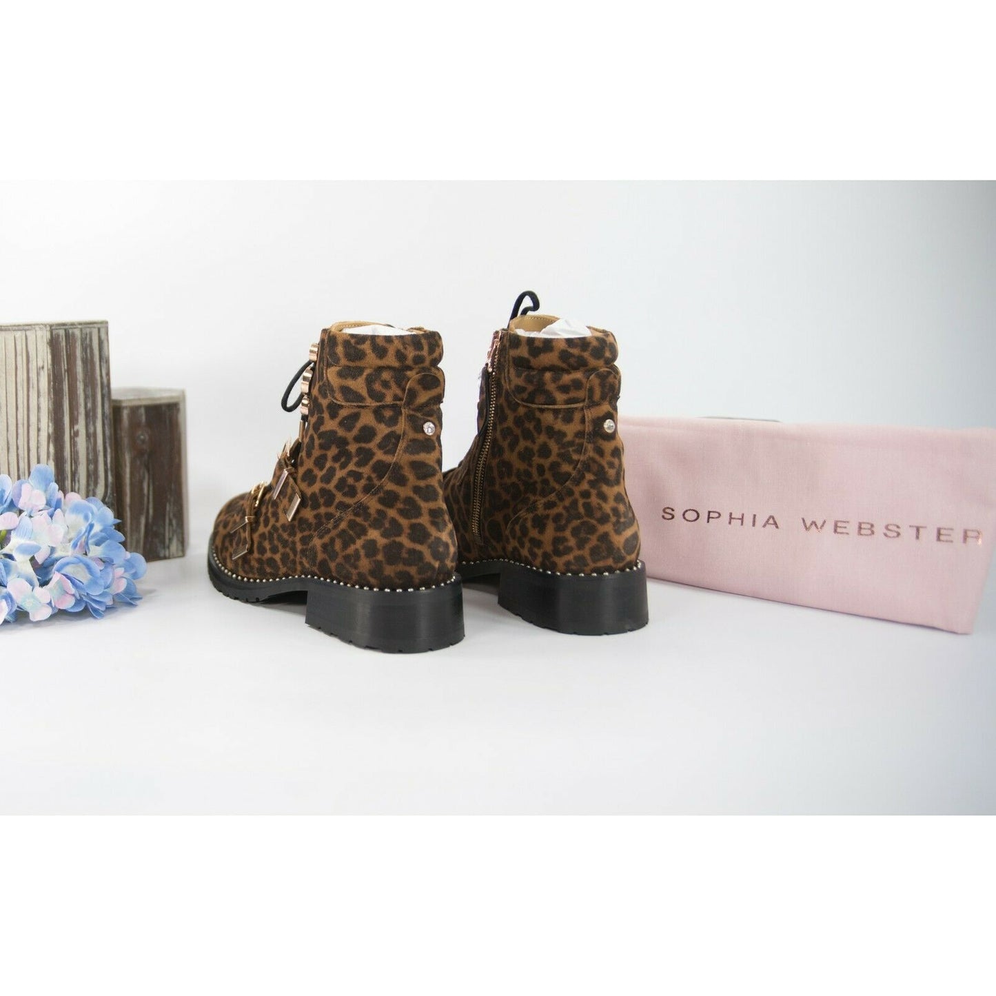 Sophia Webster Ziggy Leopard Suede Crystal Lug Sole Hiking Boots Size 37 NIB