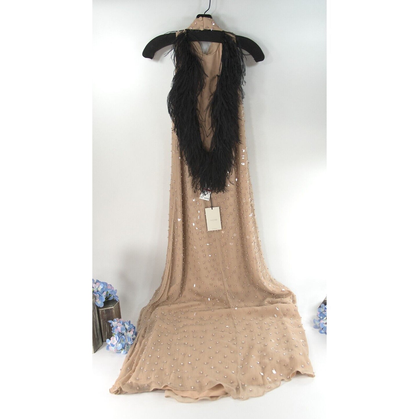 Alexis Kaza Blush Crystal Encrusted Feather Open Back Silk Gown XS NWT $3674