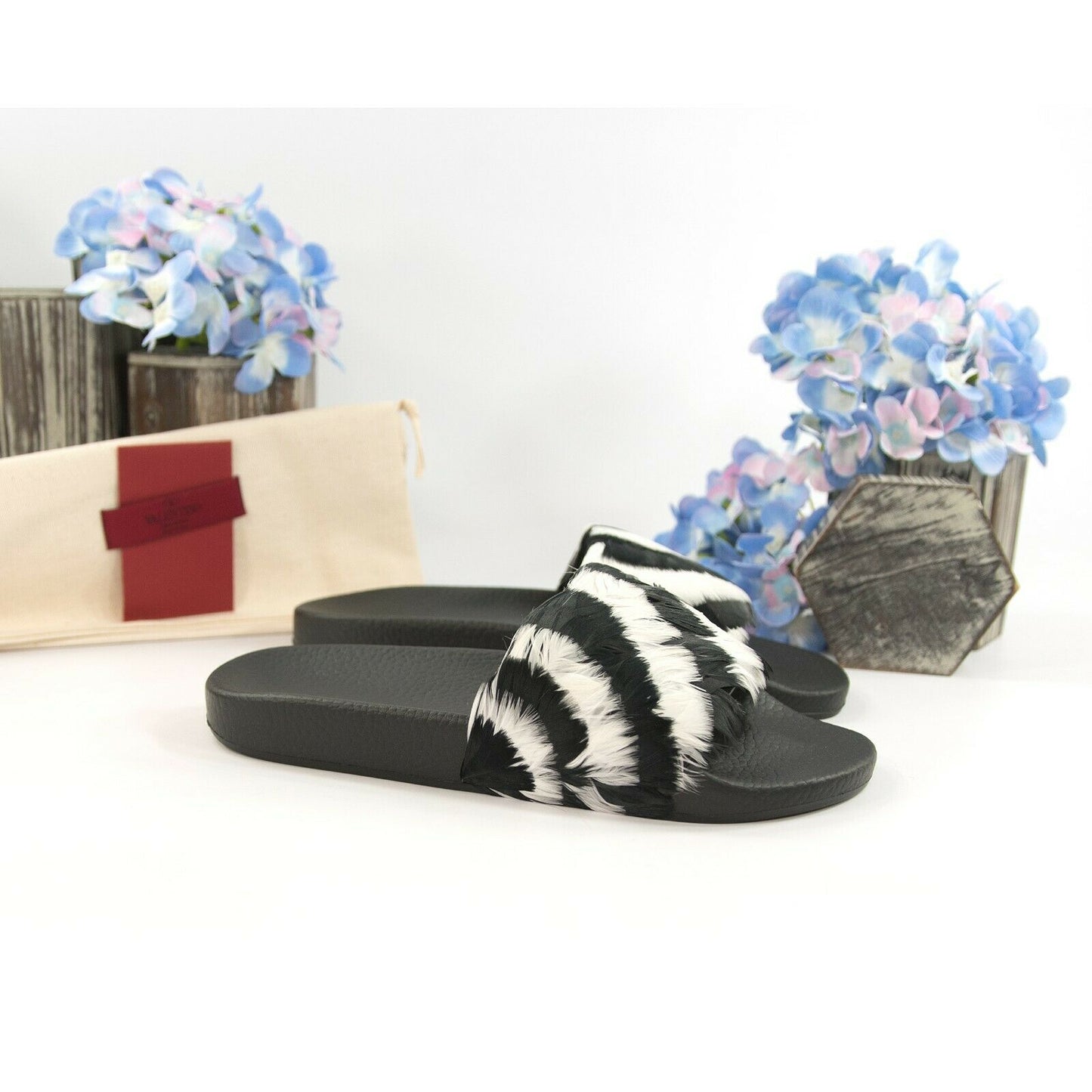 Valentino Black White Feather Embellished Pool Slide Sandals Sz 37 NIB