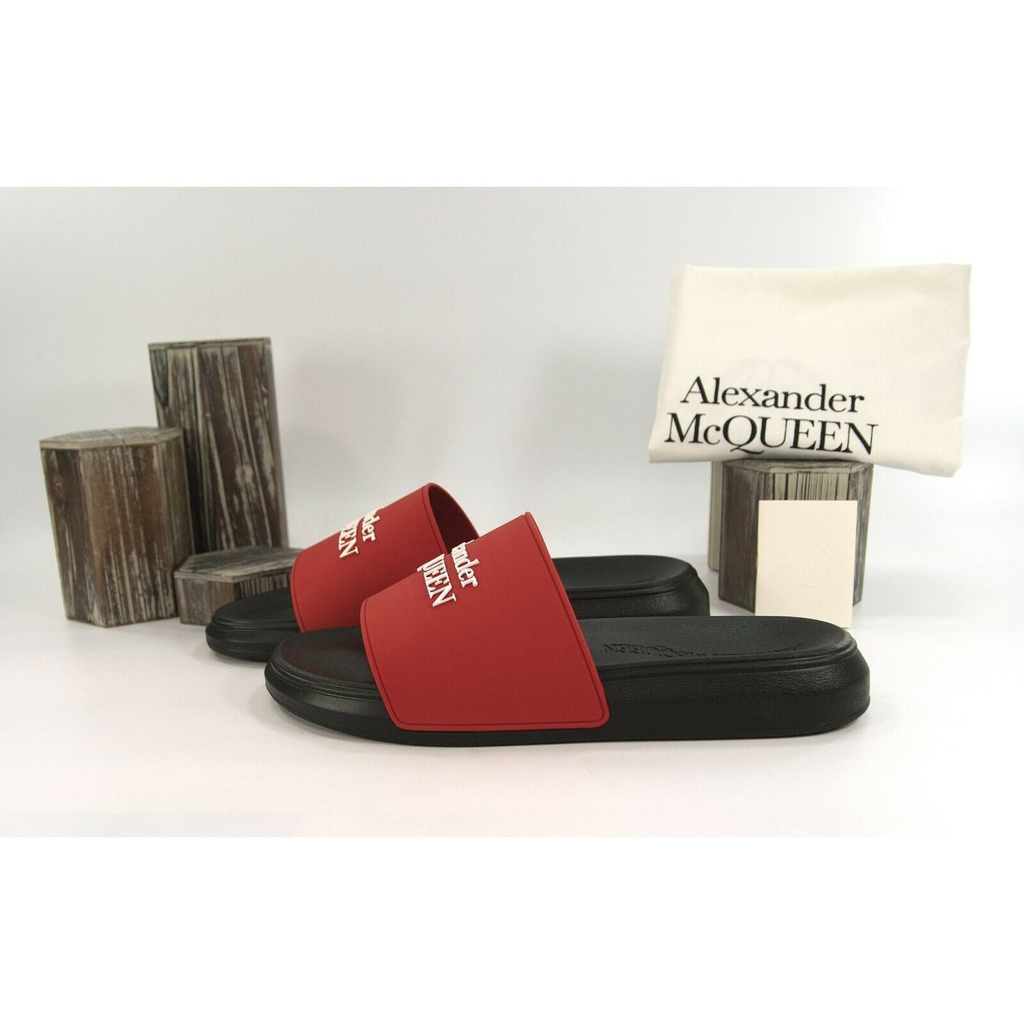 Alexander McQueen Mens Lust Red Black Debossed Logo Rubber Pool Slides 45 12 NIB