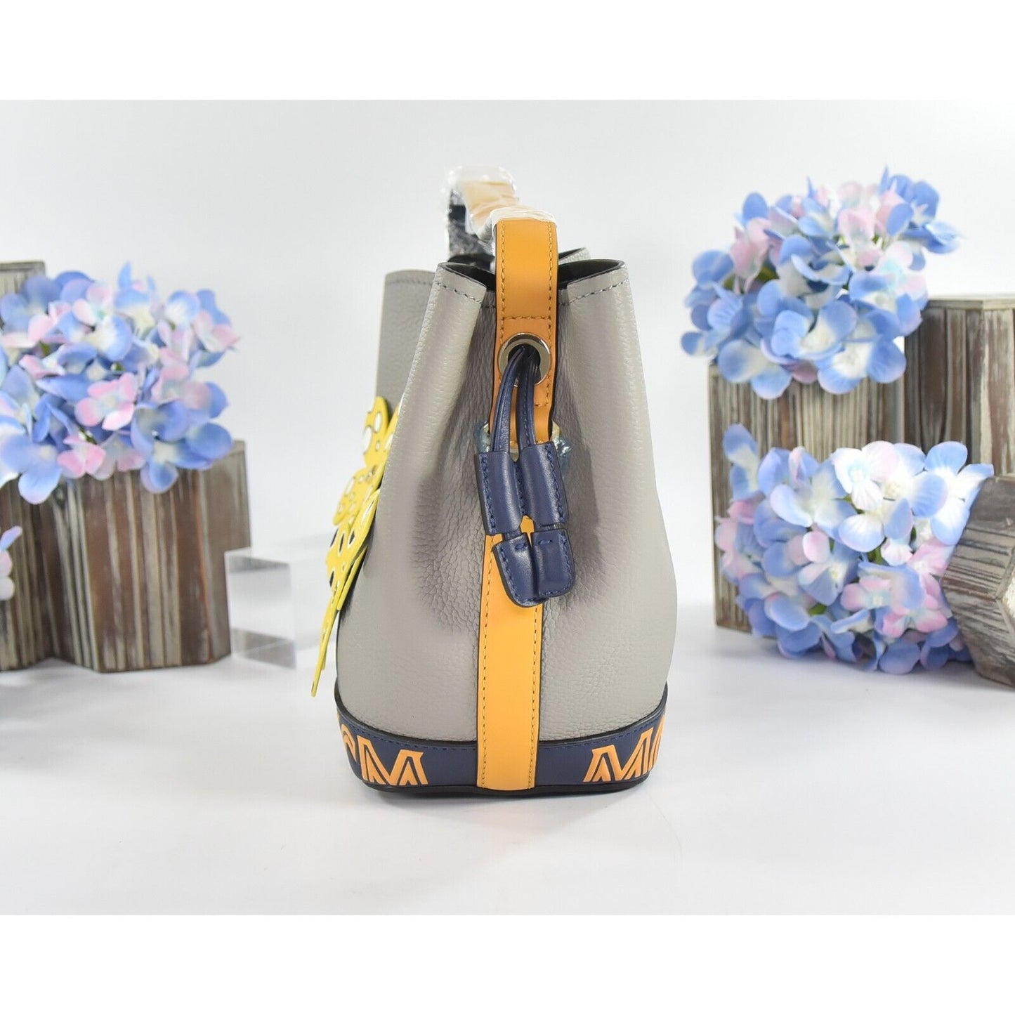 MCM Yellow Grey Goatskin Mini Upcycling Project Flower Milano Drawstring Bag NWT