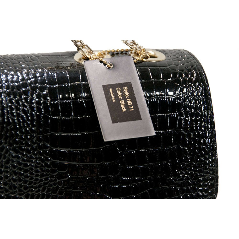 Amrita Singh Black Croc Faux Patent Leather Jumbo Flap Shoulder Bag NWT