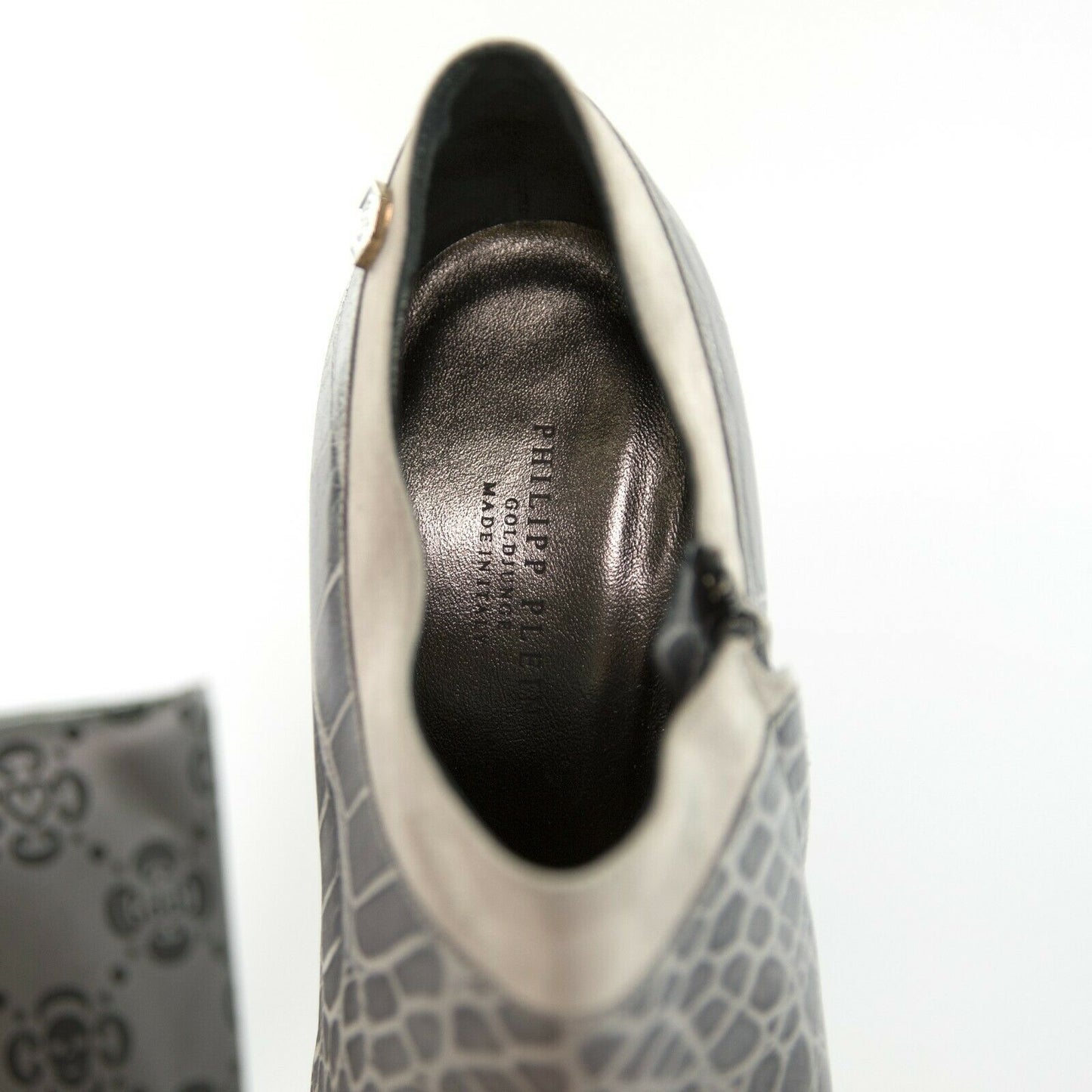 Philipp Plein Limited Edition Grey Reptilia Croc Leather Bootie Heels 39.5 NIB