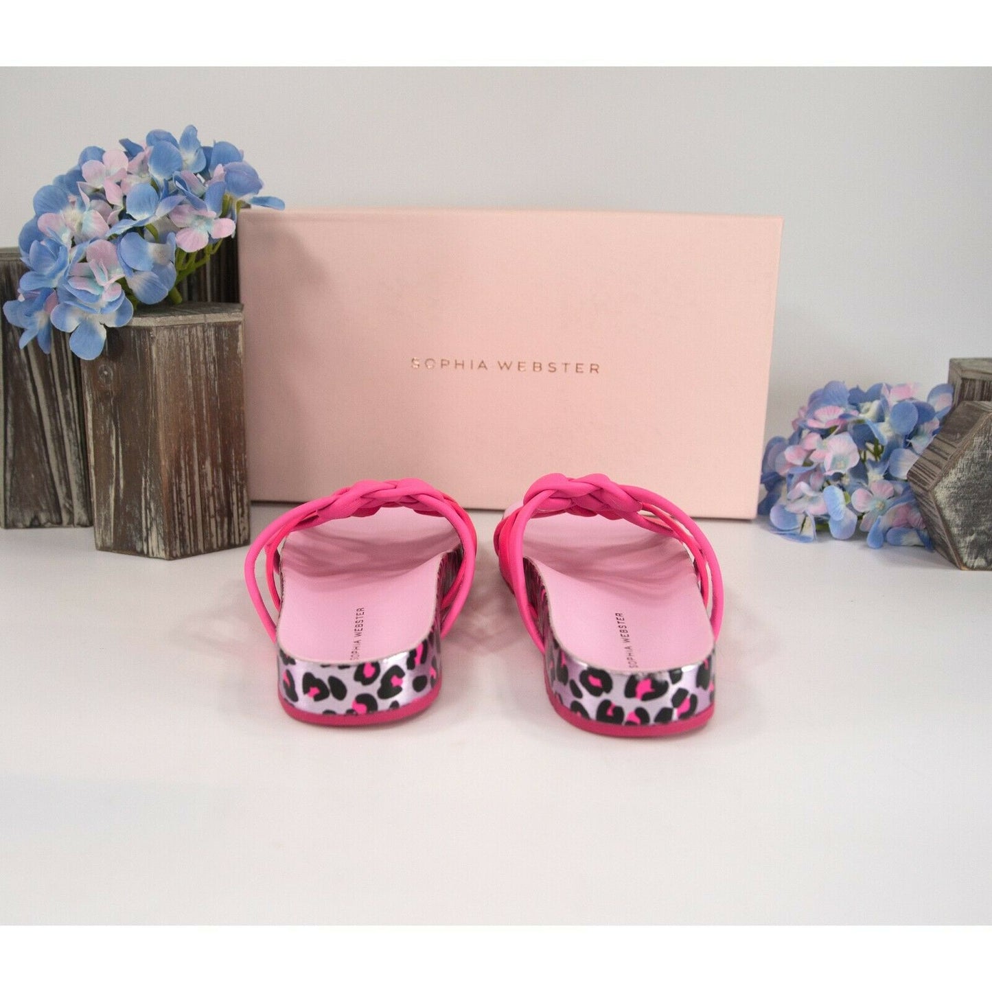 Sophia Webster Neon Pink Metallic Leopard Ramona Knotted Slides Sz 38 NIB